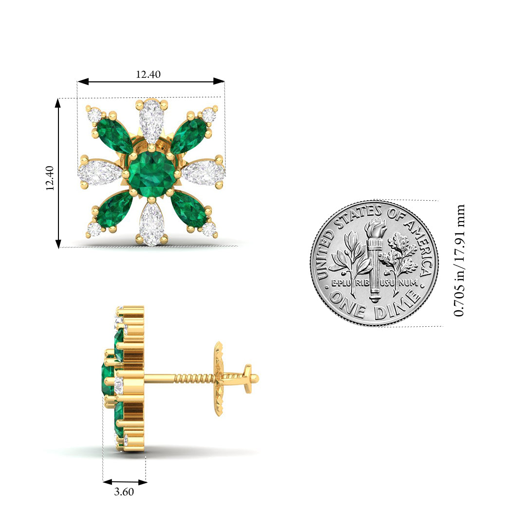 Maurya Floret Emerald and Fancy Diamond Stud Earrings
