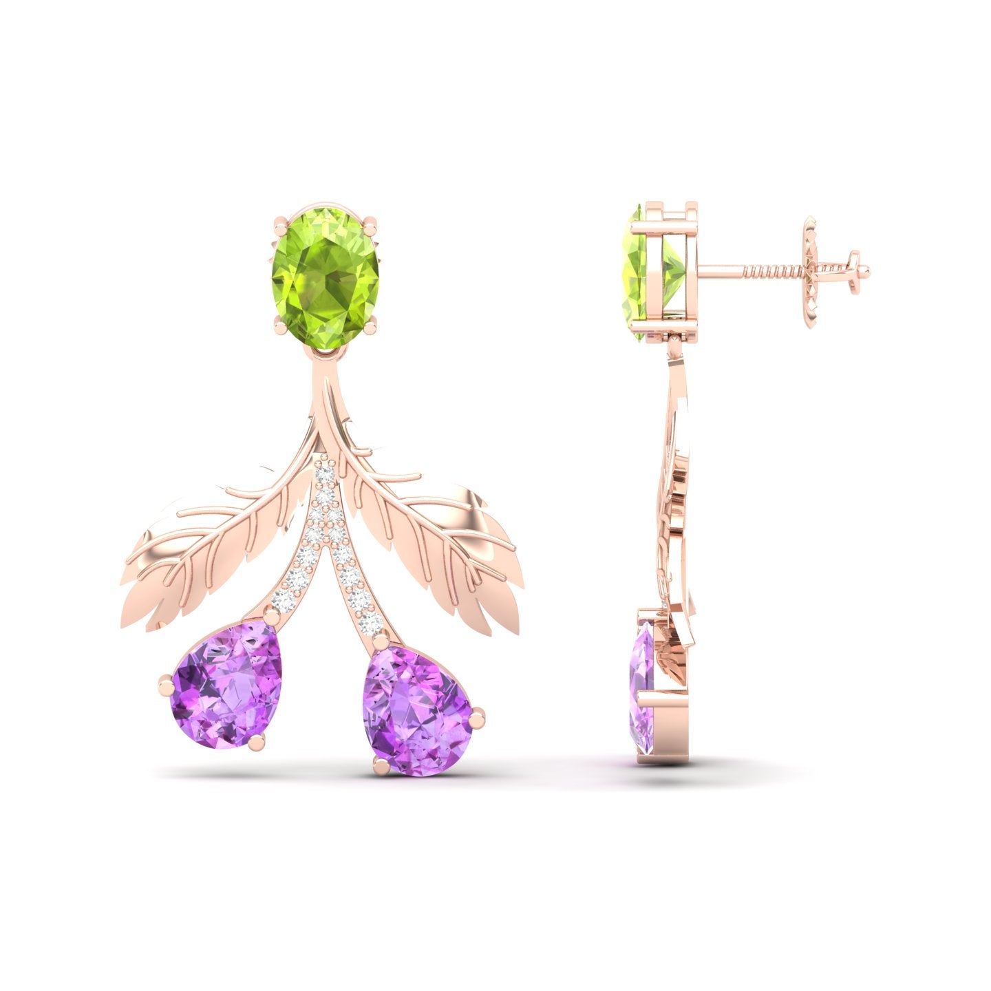 Maurya Plum Cluster Peridot Drop Earrings with Ruby and Diamonds