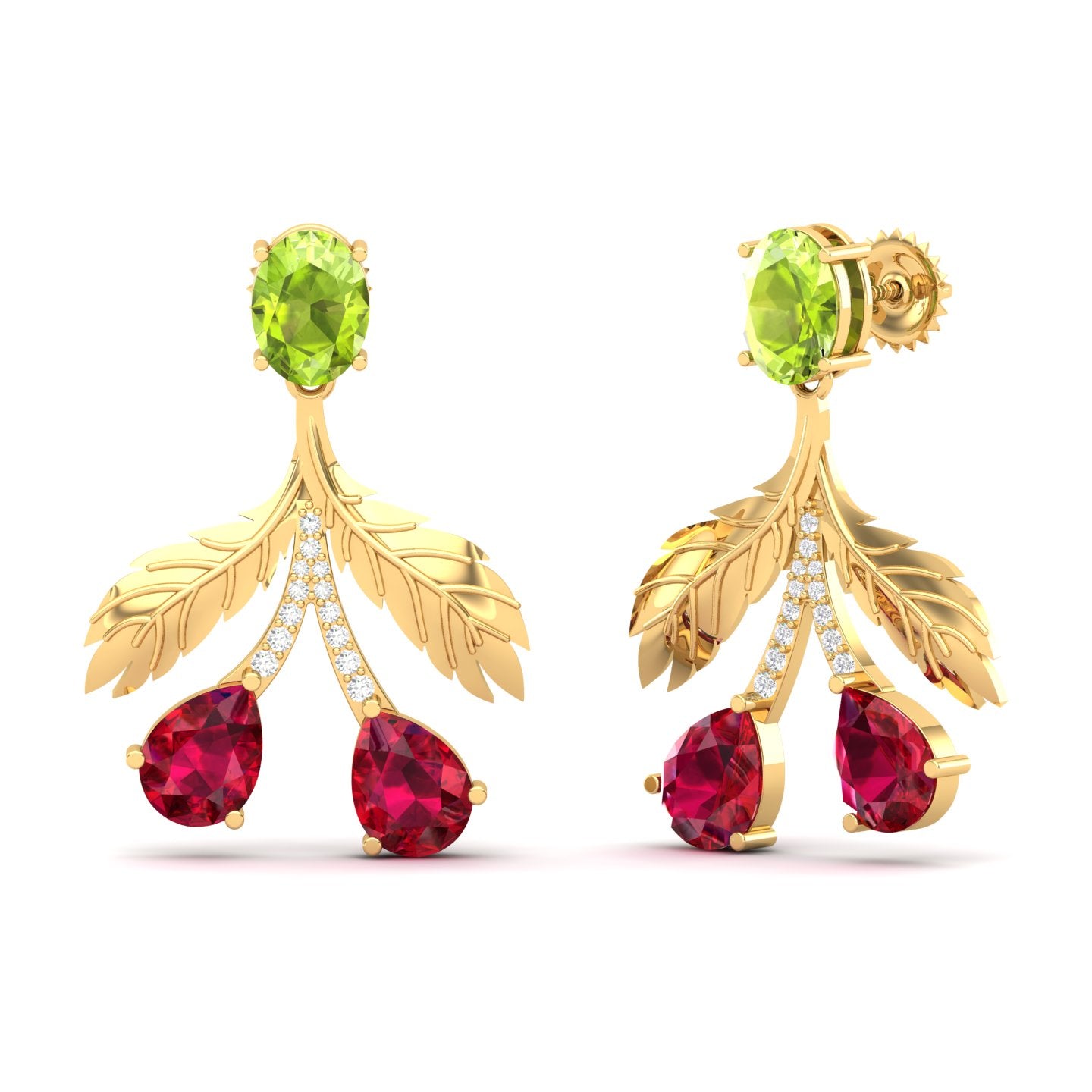 Maurya Plum Cluster Peridot Drop Earrings with Ruby and Diamonds