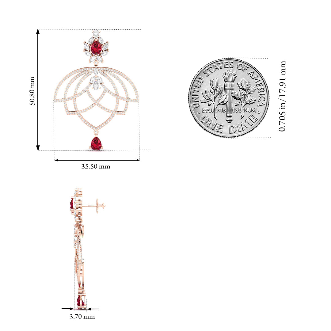 Maurya Peony Ruby Chandelier Drop Earrings with Pave-Set Diamonds