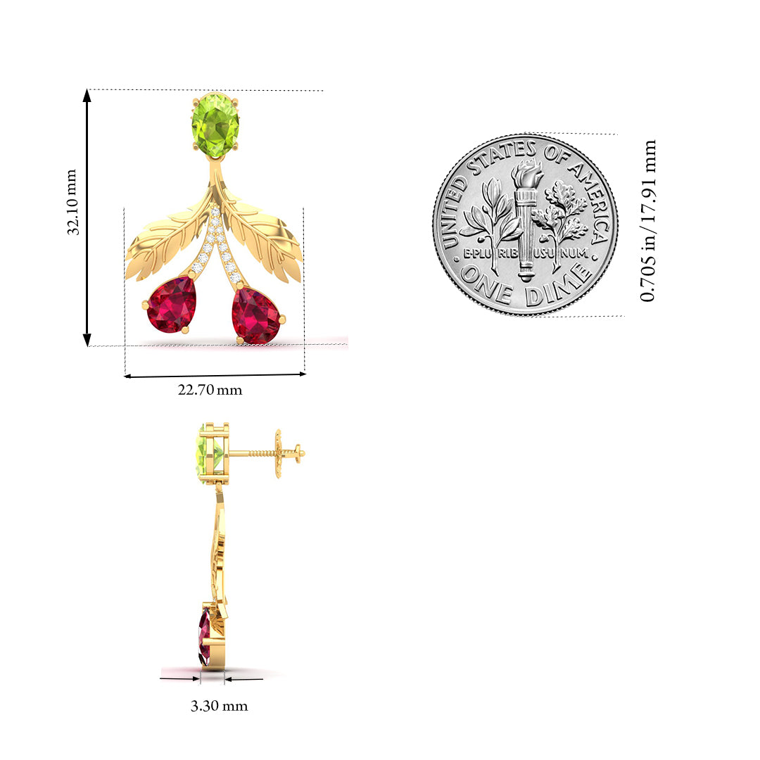 Maurya Plum Cluster Peridot Drop Earrings with Ruby and Diamonds