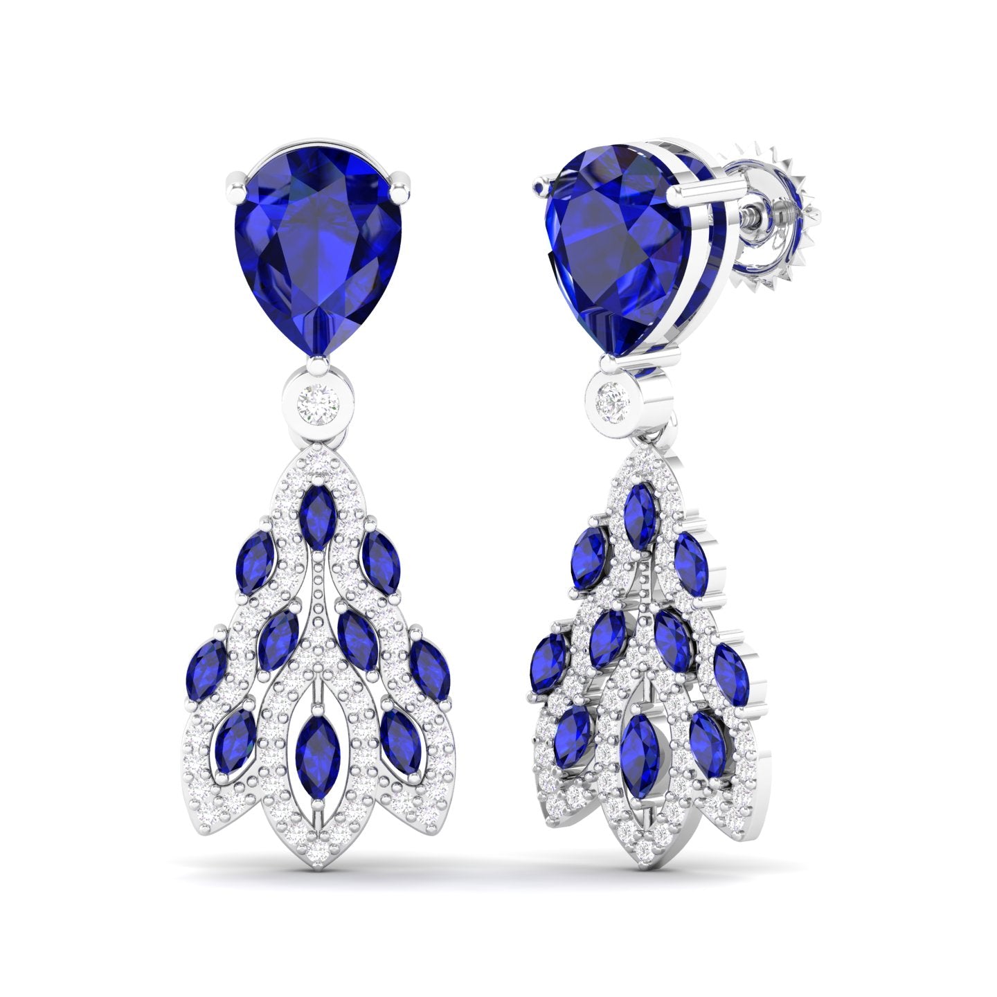 Maurya London Blue Topaz Peacock Fur Push Back Earrings with Diamonds