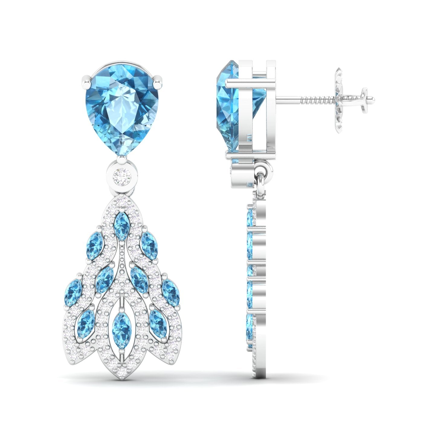 Maurya London Blue Topaz Peacock Fur Push Back Earrings with Diamonds