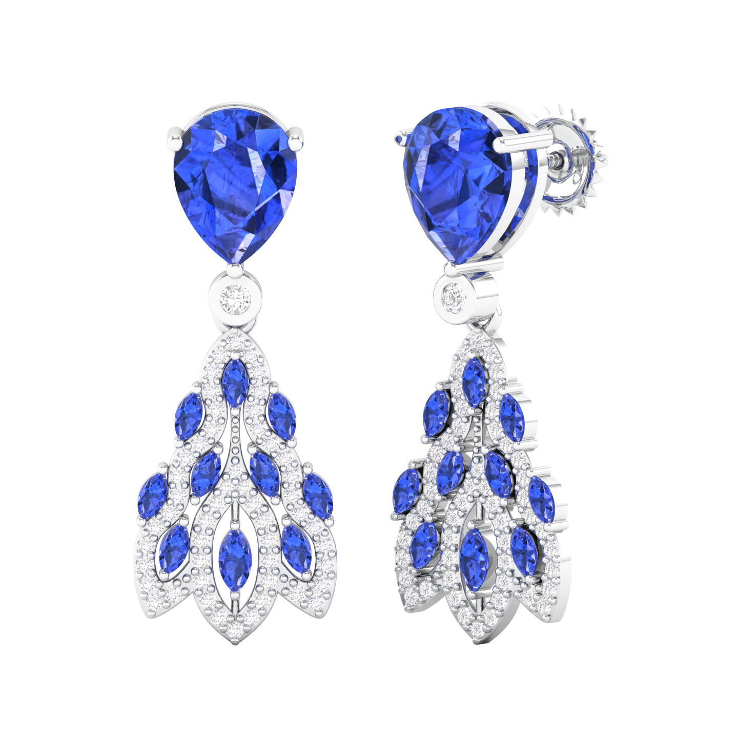 Maurya London Blue Topaz Peacock Fur Push Back Earrings with Diamonds