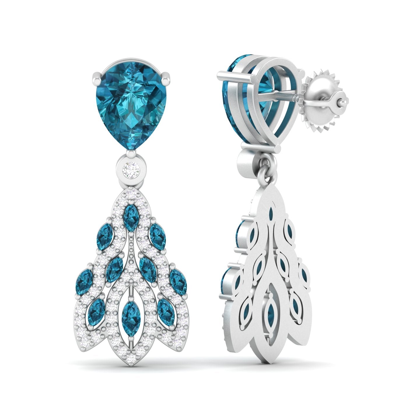 Maurya London Blue Topaz Peacock Fur Push Back Earrings with Diamonds