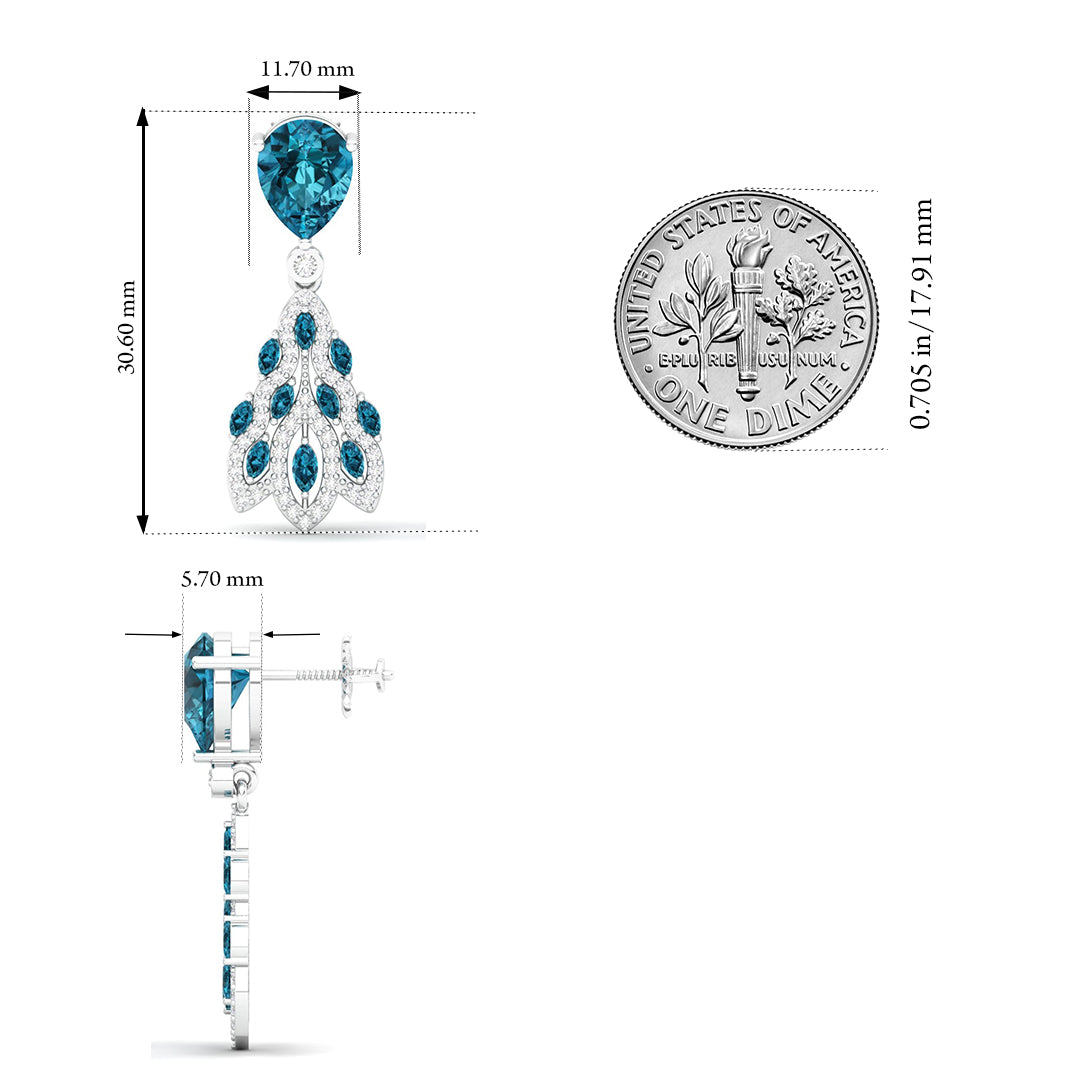 Maurya London Blue Topaz Peacock Fur Push Back Earrings with Diamonds
