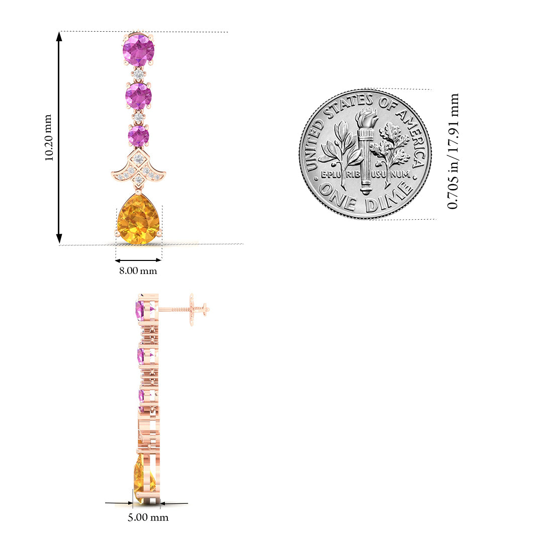Maurya Citrine Chandelier Drop Earrings with Pink Amethyst and Diamonds