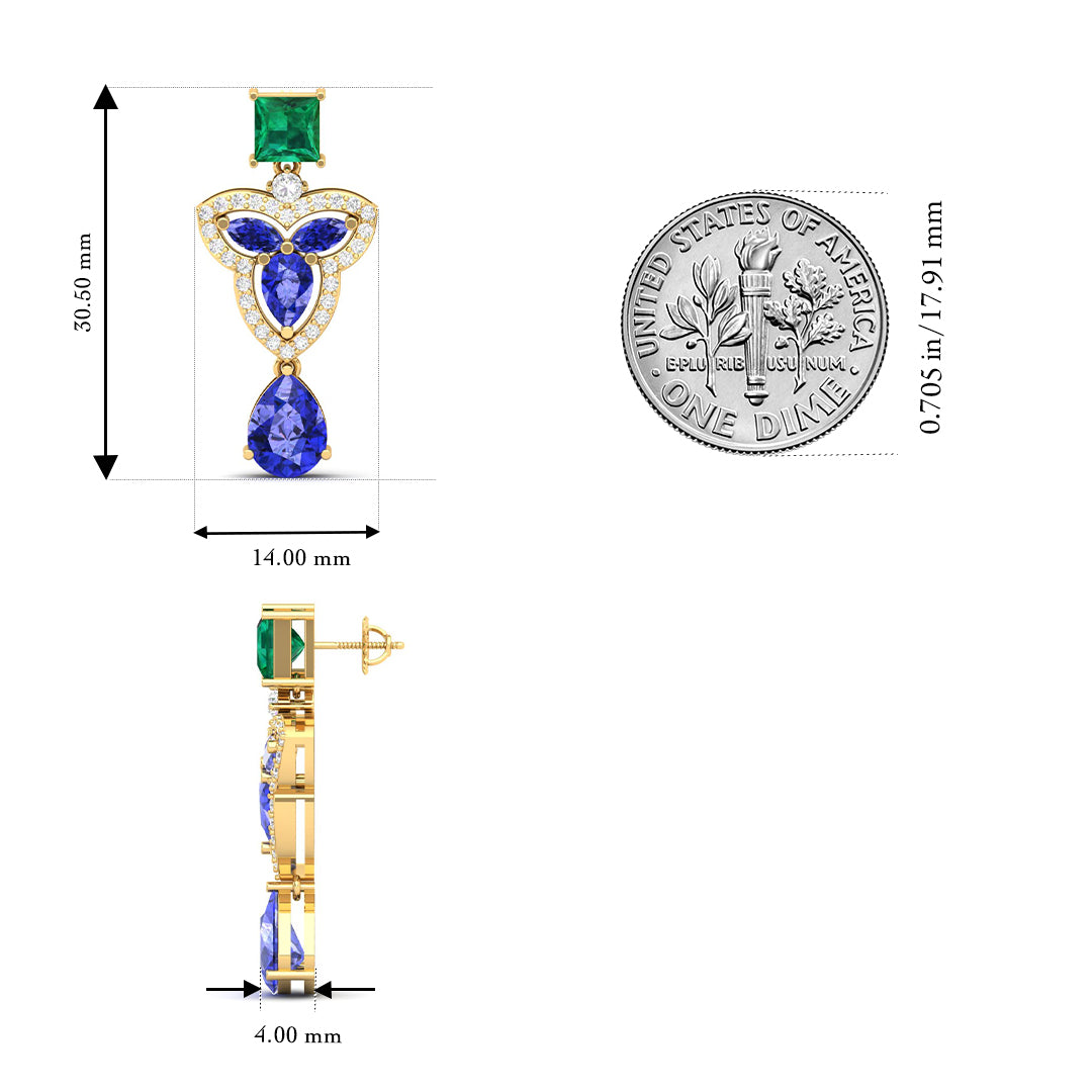 Maurya Water Moss Tanzanite Drop Earrings with Emerald and Diamonds