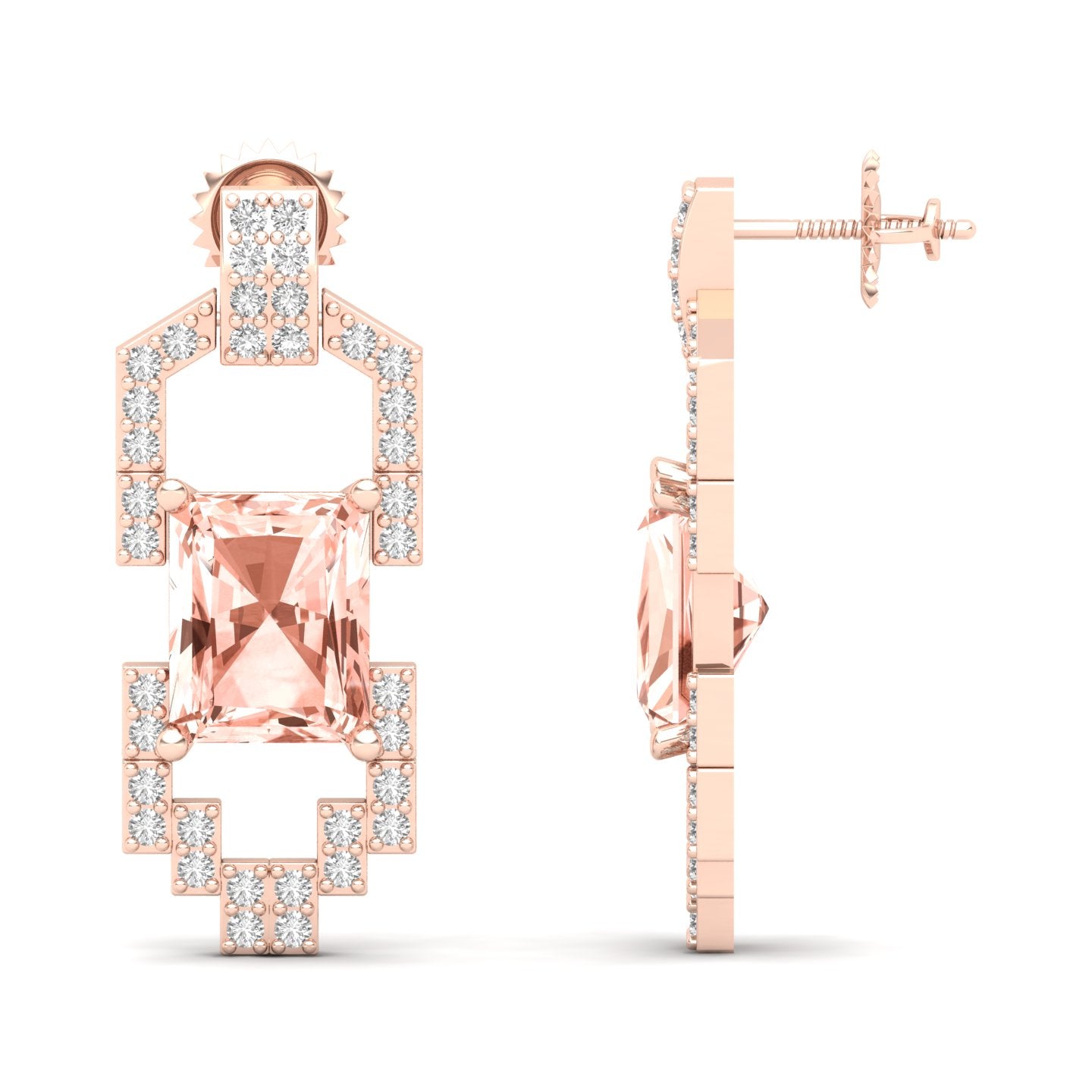 Maurya Morganite Art Deco Push Back Earrings with Diamonds