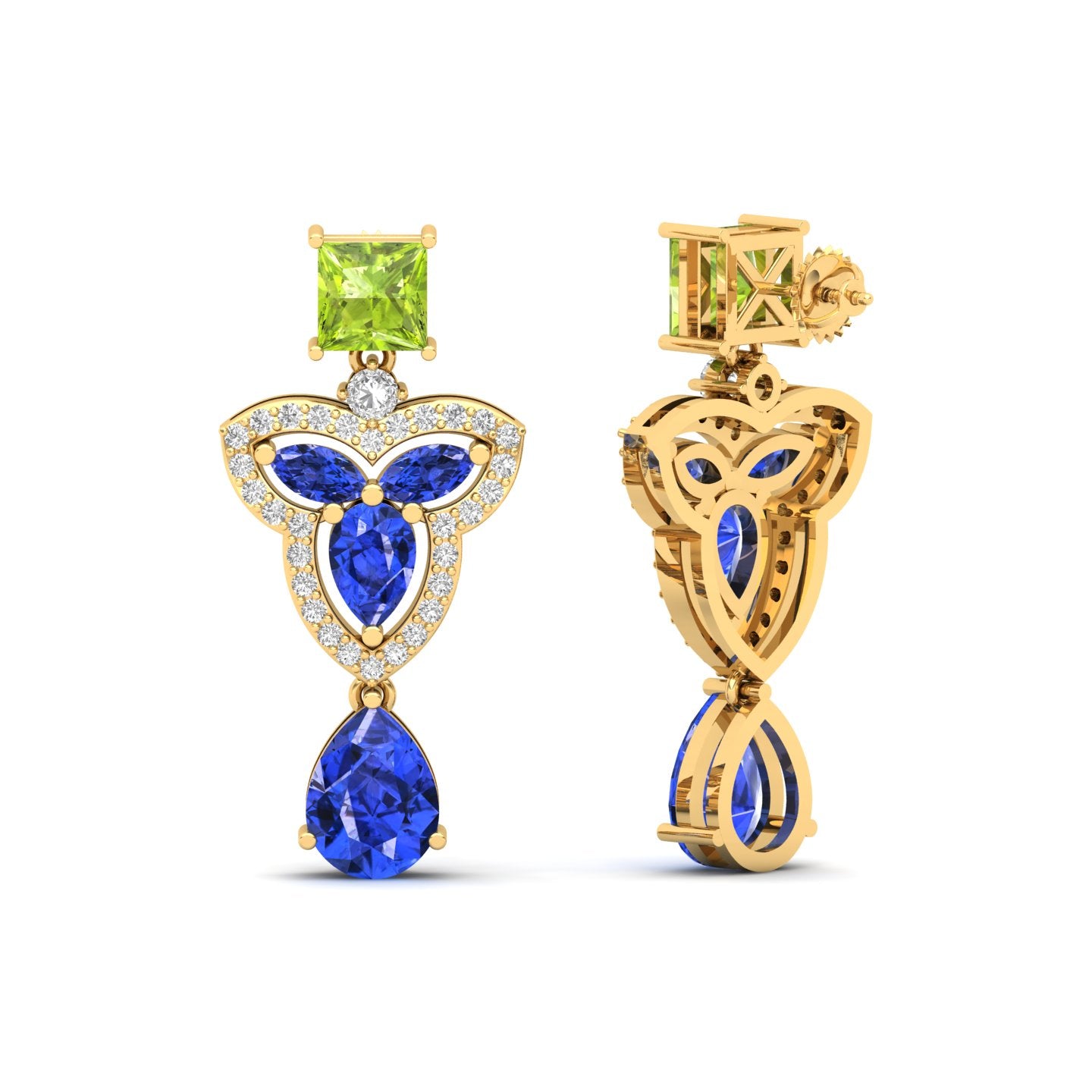 Maurya Water Moss Tanzanite Drop Earrings with Emerald and Diamonds