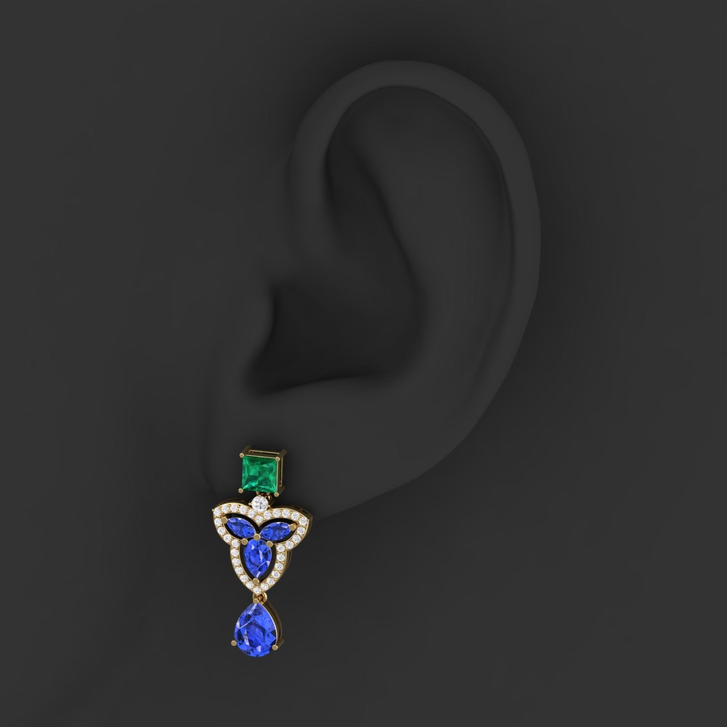Maurya Water Moss Tanzanite Drop Earrings with Emerald and Diamonds