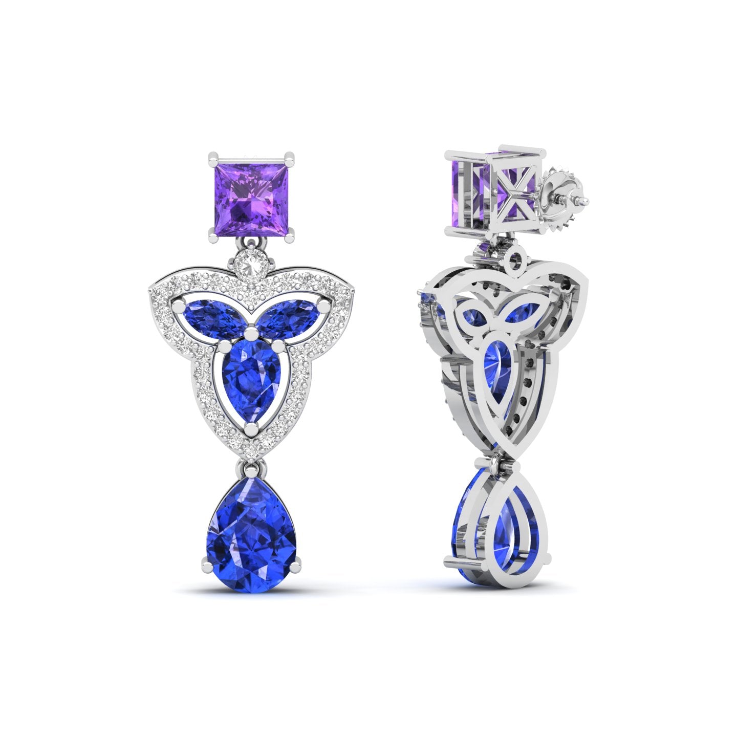 Maurya Water Moss Tanzanite Drop Earrings with Emerald and Diamonds