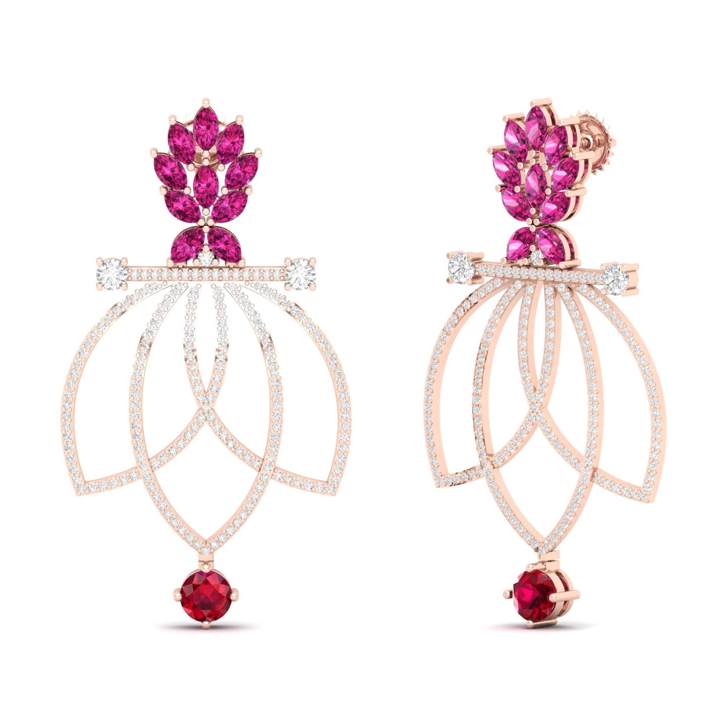 Maurya Lois Ruby and Pink Amethyst Chandelier Dangle Earrings with Diamond