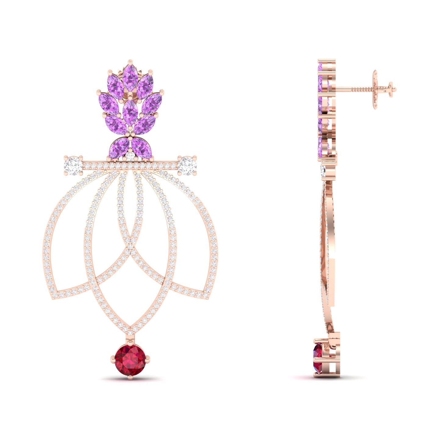Maurya Lois Ruby and Pink Amethyst Chandelier Dangle Earrings with Diamond