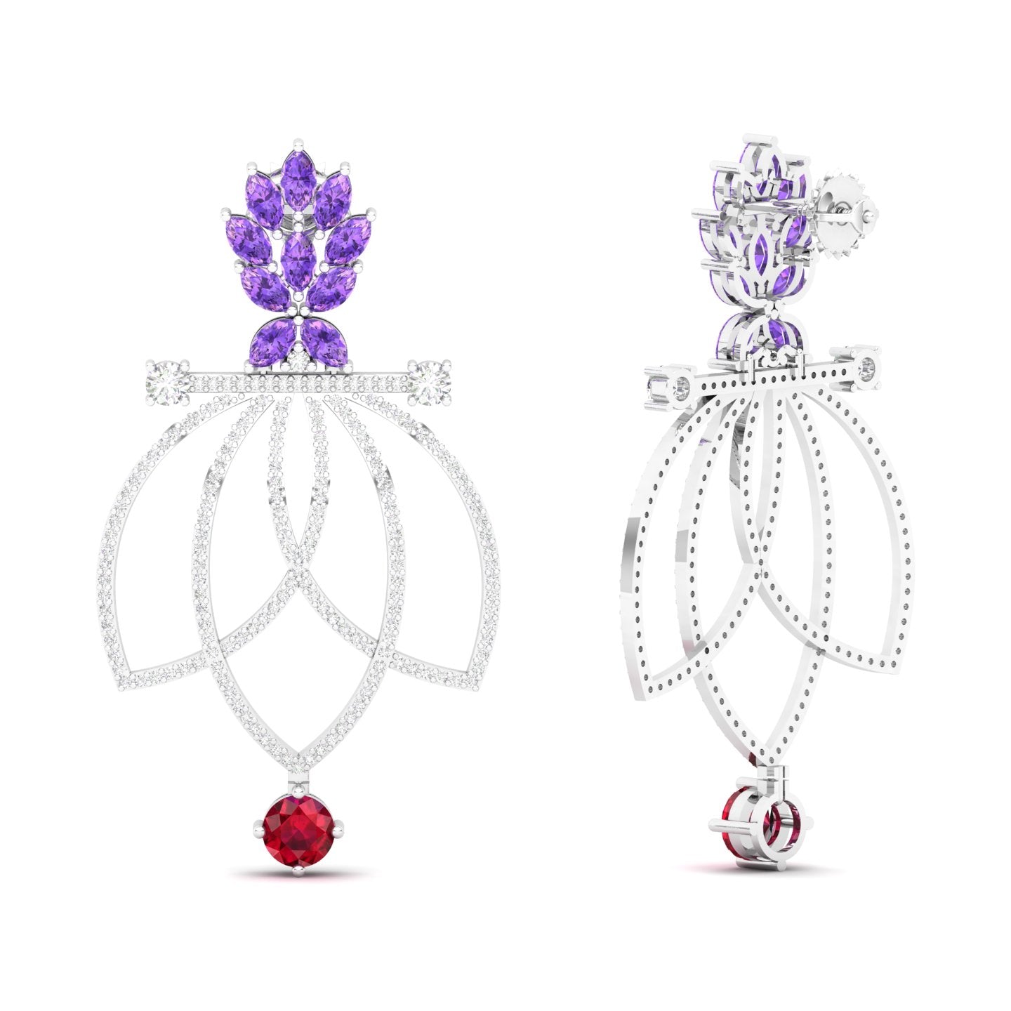Maurya Lois Ruby and Pink Amethyst Chandelier Dangle Earrings with Diamond