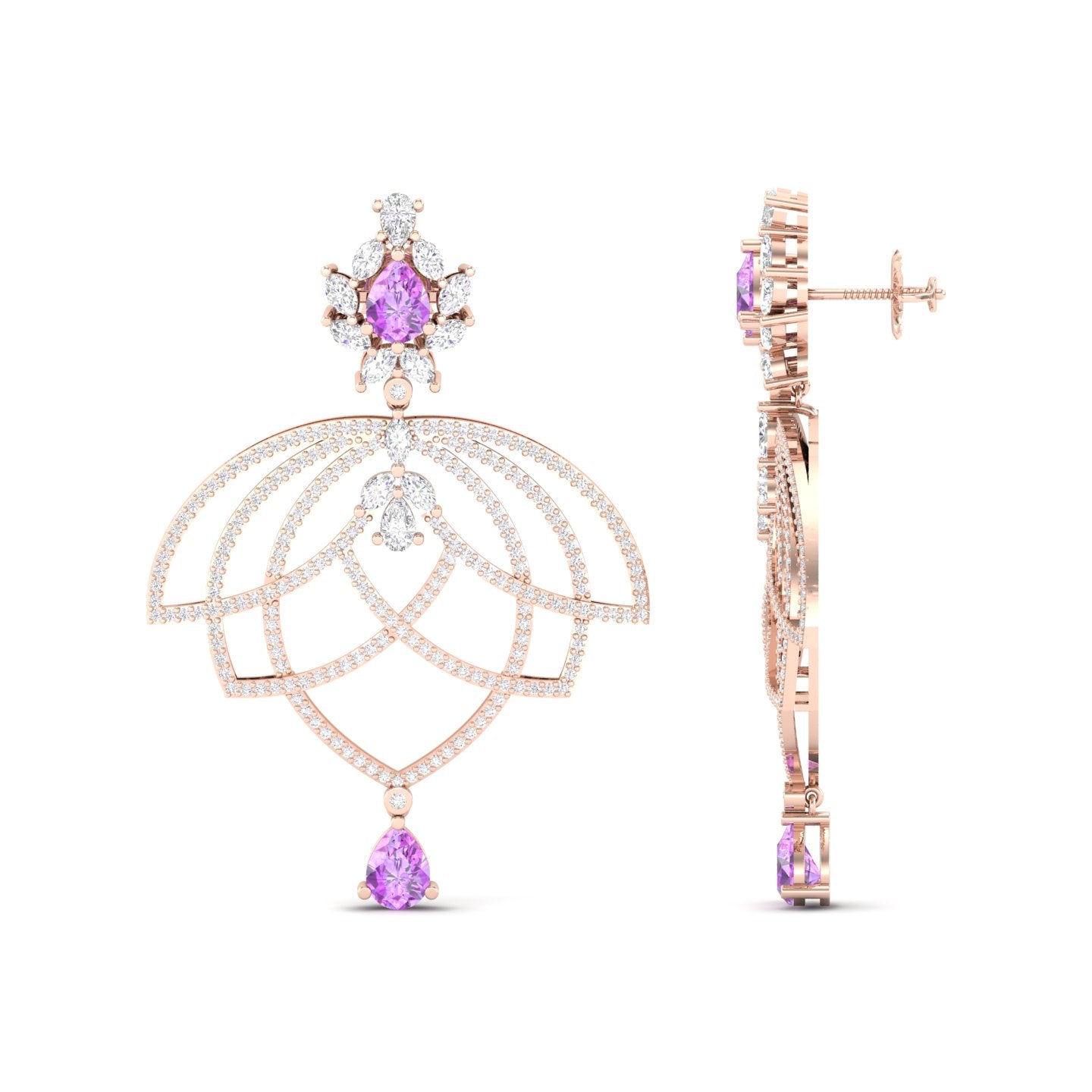 Maurya Peony Ruby Chandelier Drop Earrings with Pave-Set Diamonds