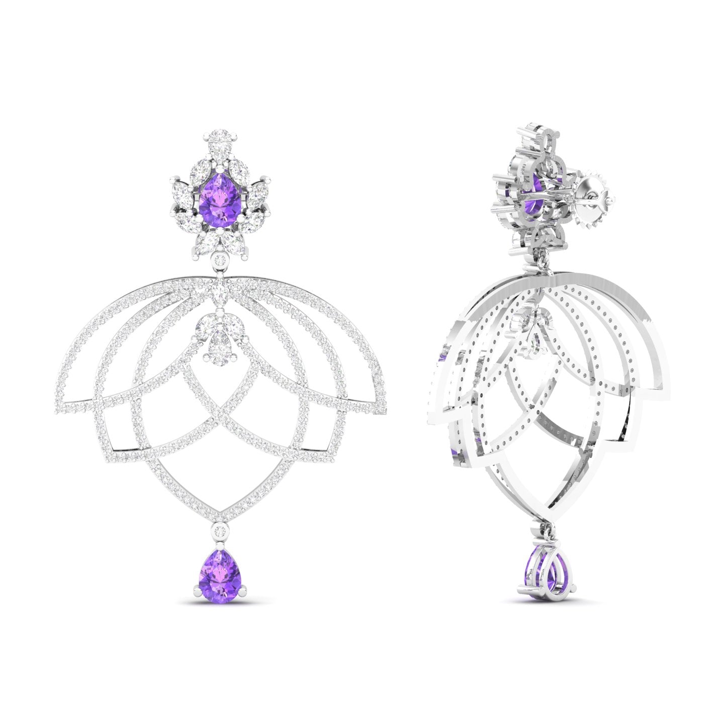Maurya Peony Ruby Chandelier Drop Earrings with Pave-Set Diamonds