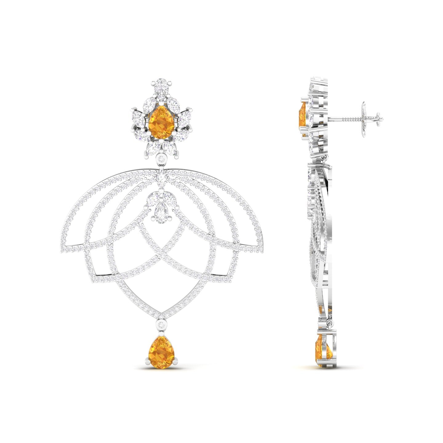Maurya Peony Ruby Chandelier Drop Earrings with Pave-Set Diamonds