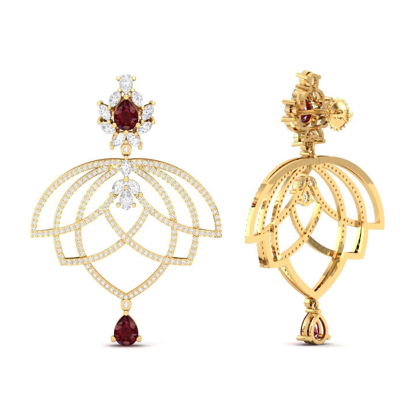 Maurya Peony Ruby Chandelier Drop Earrings with Pave-Set Diamonds