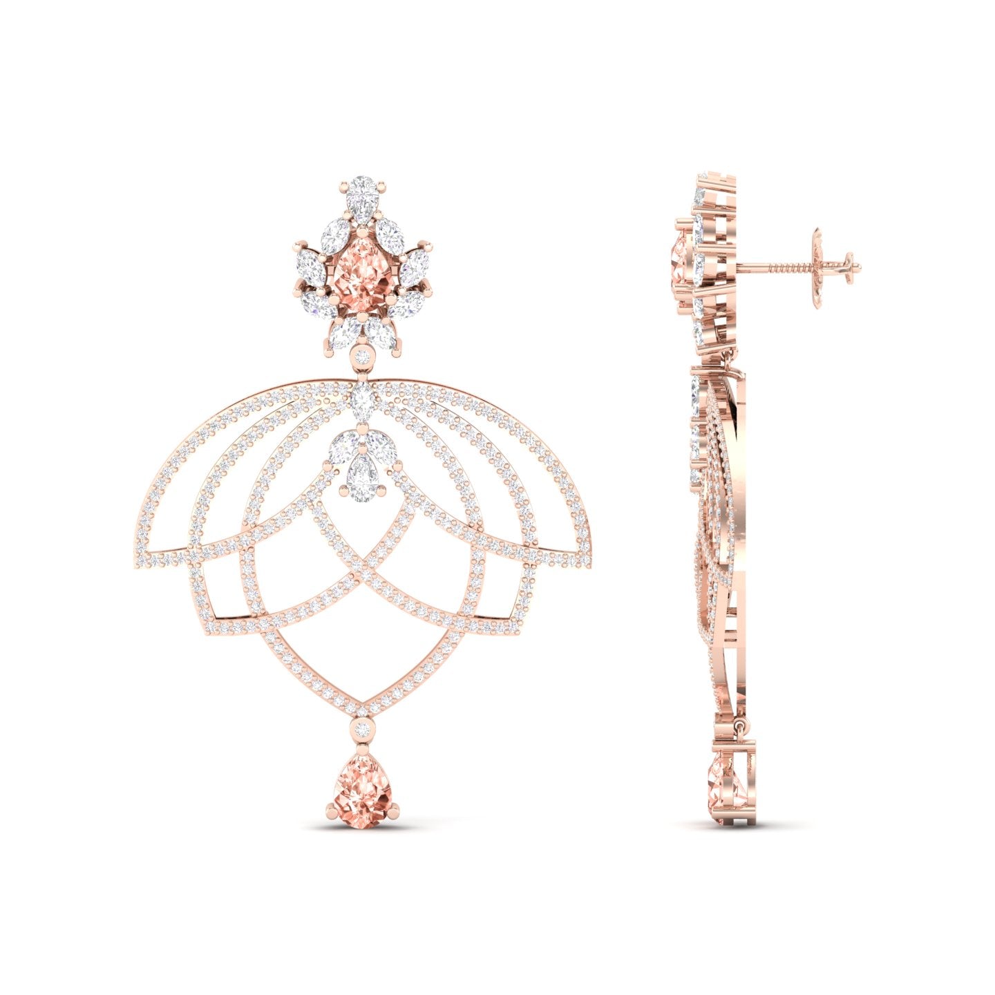 Maurya Peony Ruby Chandelier Drop Earrings with Pave-Set Diamonds