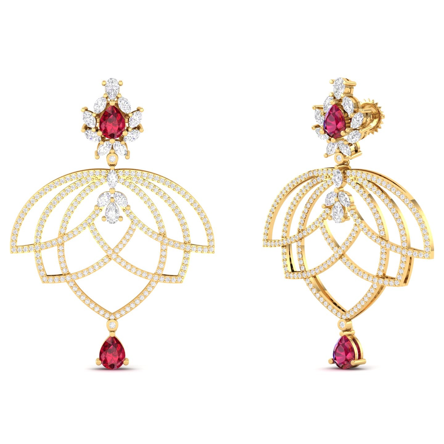 Maurya Peony Ruby Chandelier Drop Earrings with Pave-Set Diamonds