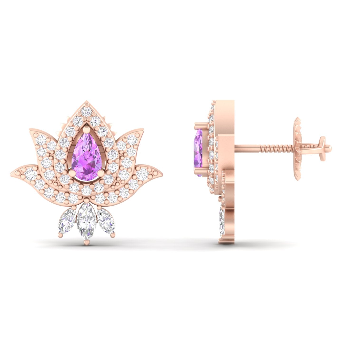 Maurya Scantling Pink Amethyst Stud Earrings with Pave Set Diamonds