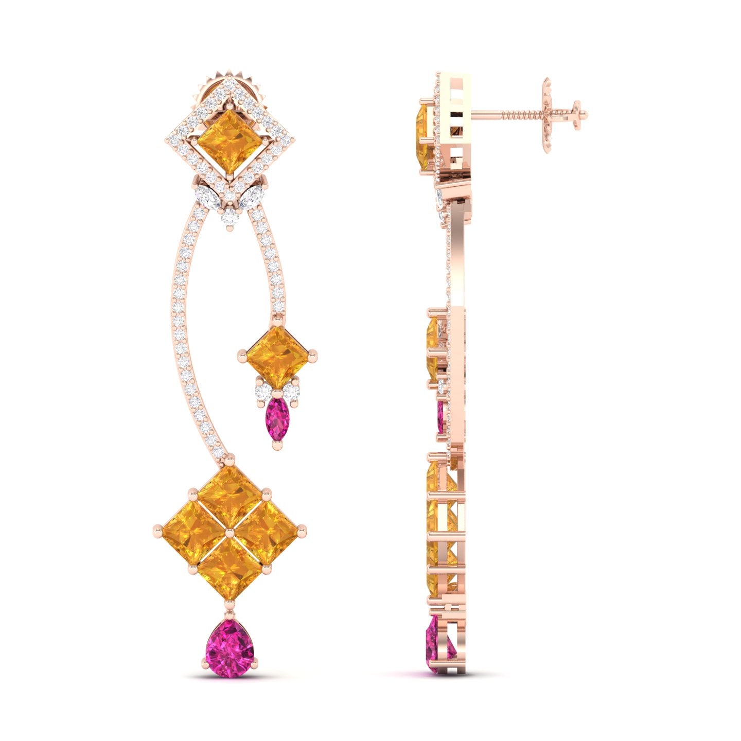 Maurya Palazzo Citrine Drop Earrings with Pink Amethyst and Diamonds
