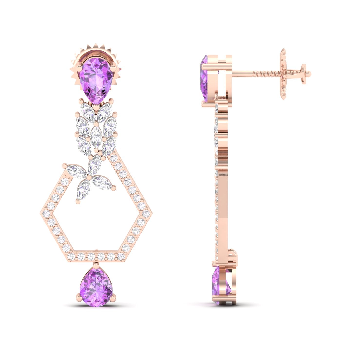 Maurya Mystic Pink Amethyst Drop Earrings with Marquise Diamonds