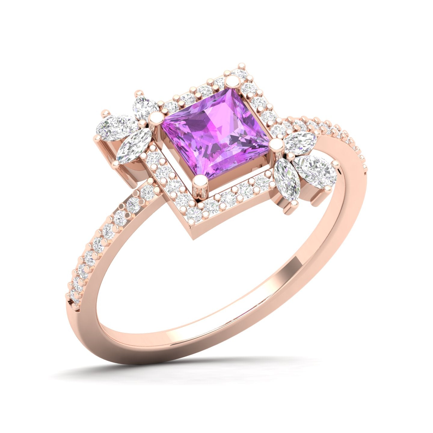 Maurya Rose Garden Blue Sapphire Engagement Ring with Diamond Halo