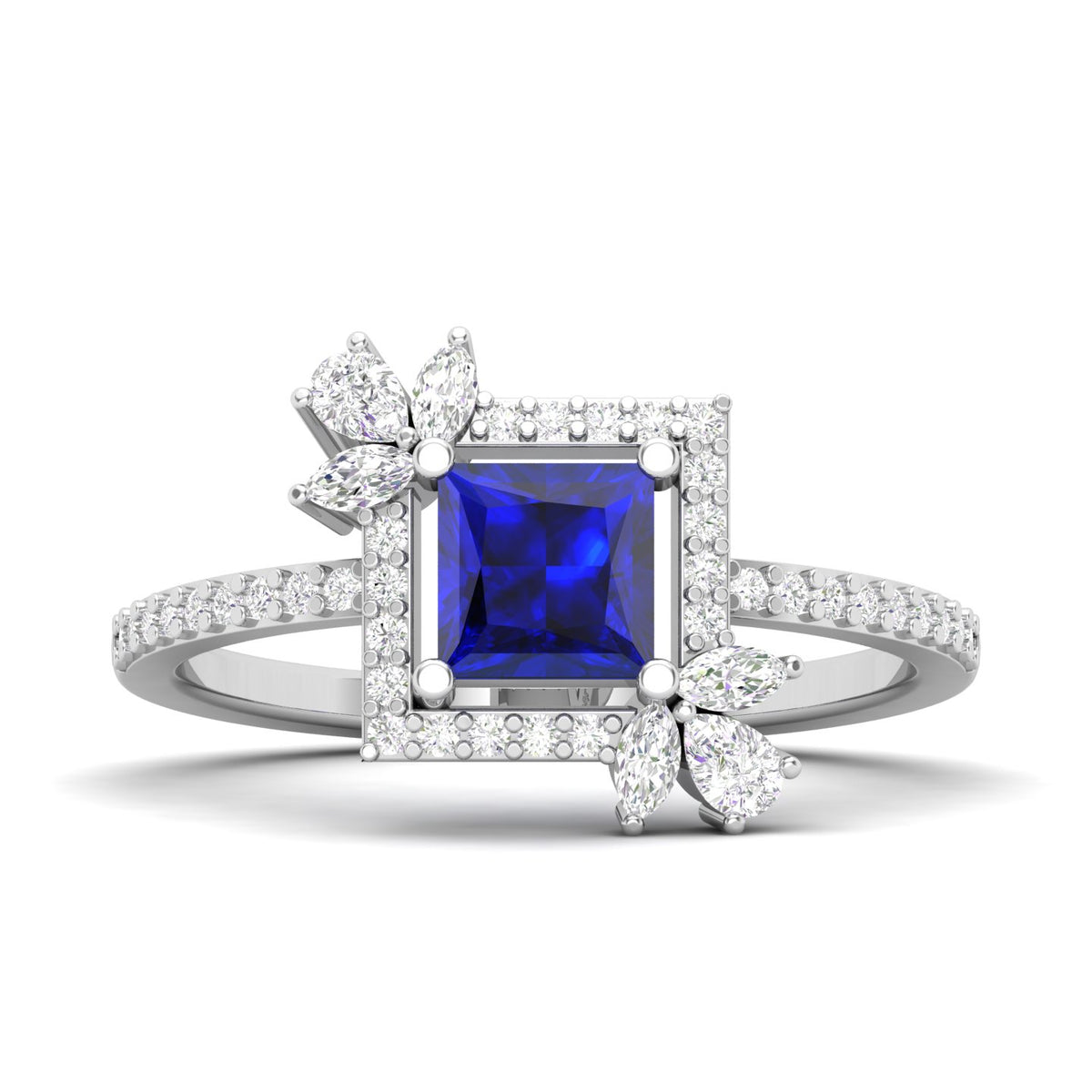 Maurya Rose Garden Blue Sapphire Engagement Ring with Diamond Halo