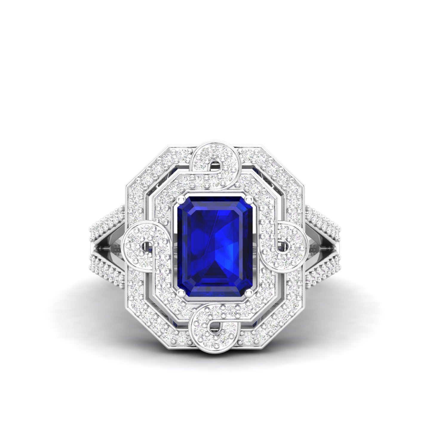Maurya Octagon Amethyst Split Shank Sewaza Cini Cocktail Ring with Diamond Halo