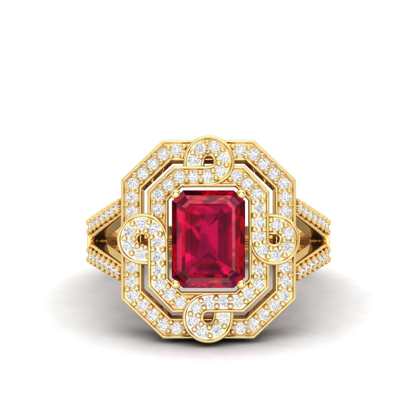Maurya Octagon Amethyst Split Shank Sewaza Cini Cocktail Ring with Diamond Halo