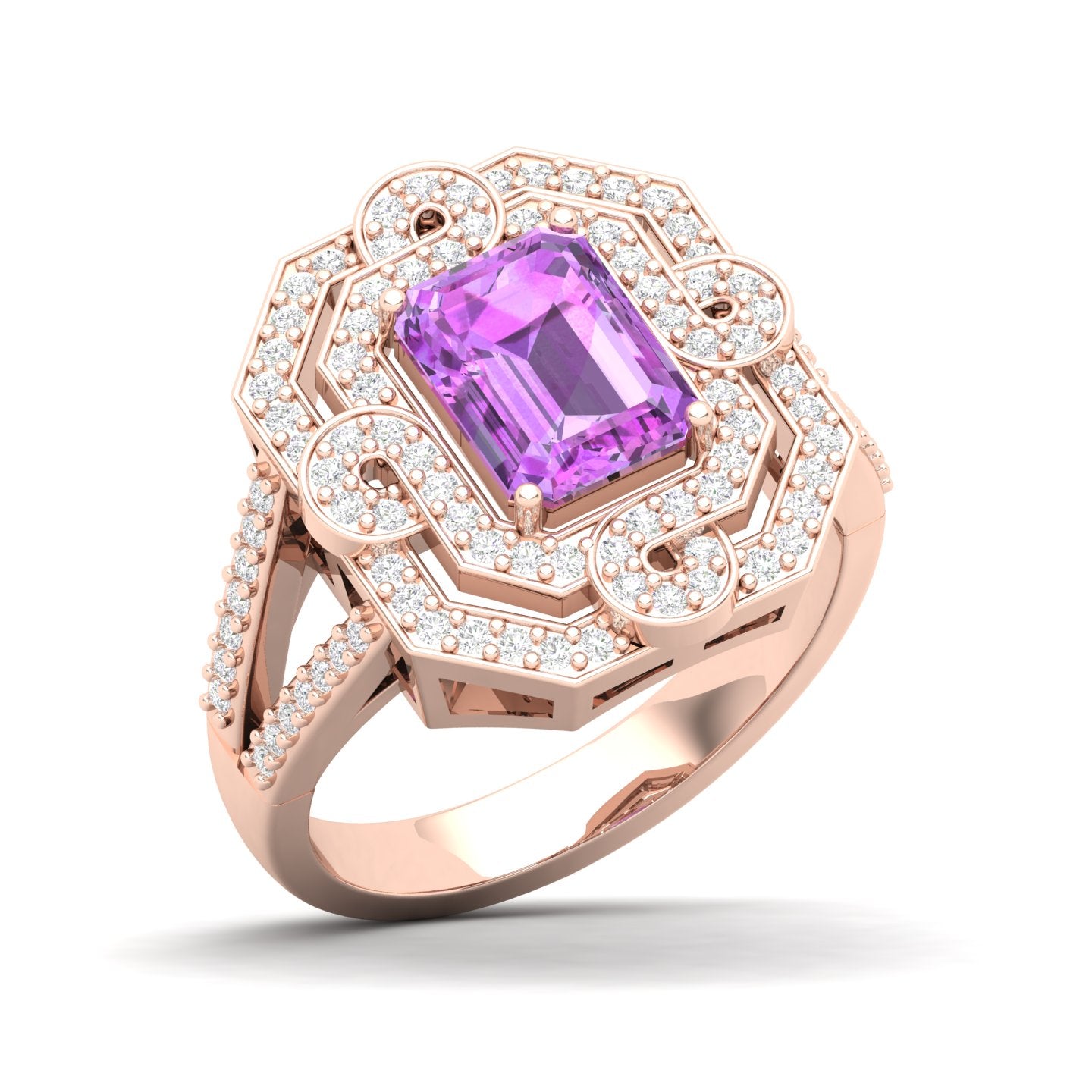 Maurya Octagon Amethyst Split Shank Sewaza Cini Cocktail Ring with Diamond Halo
