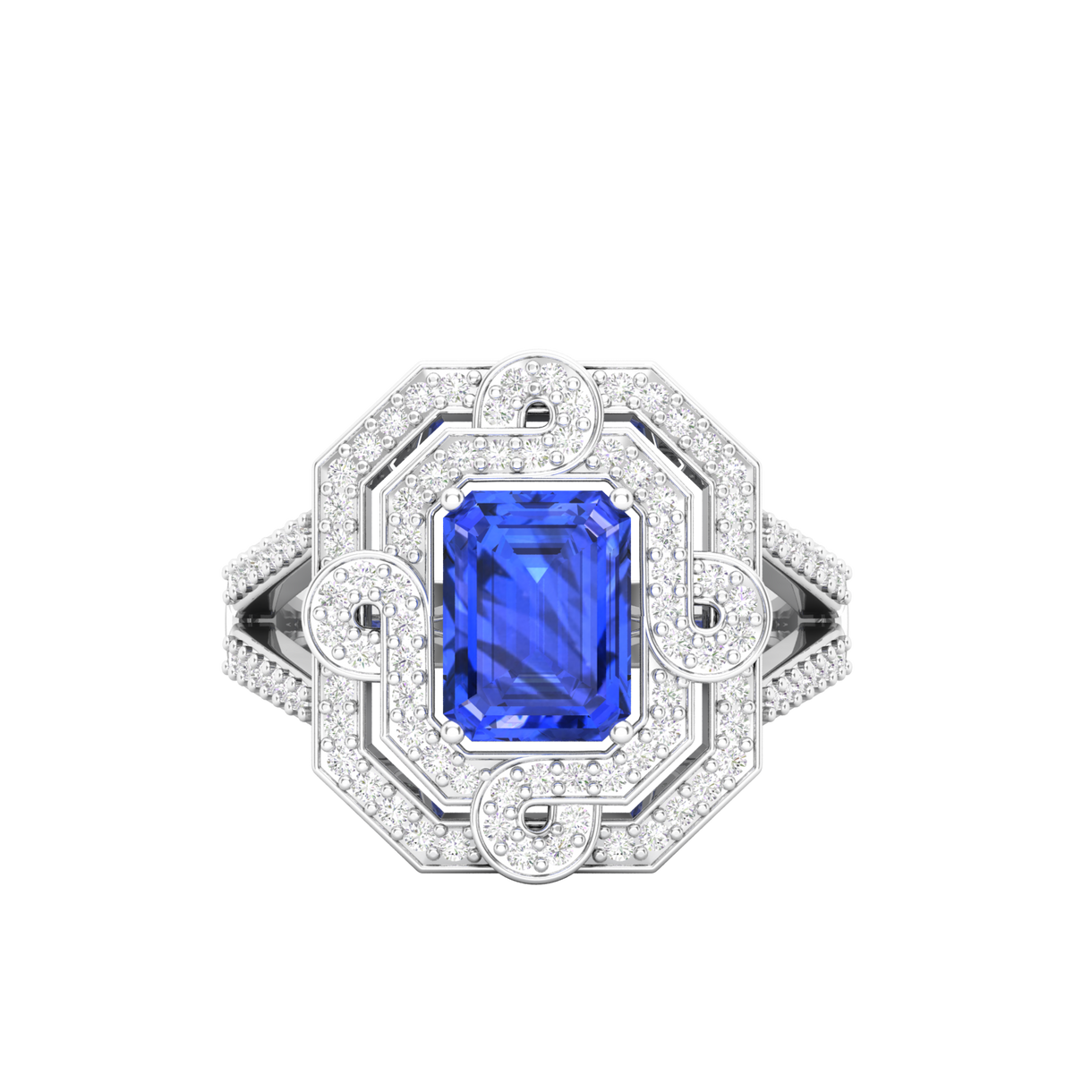 Maurya Octagon Amethyst Split Shank Sewaza Cini Cocktail Ring with Diamond Halo