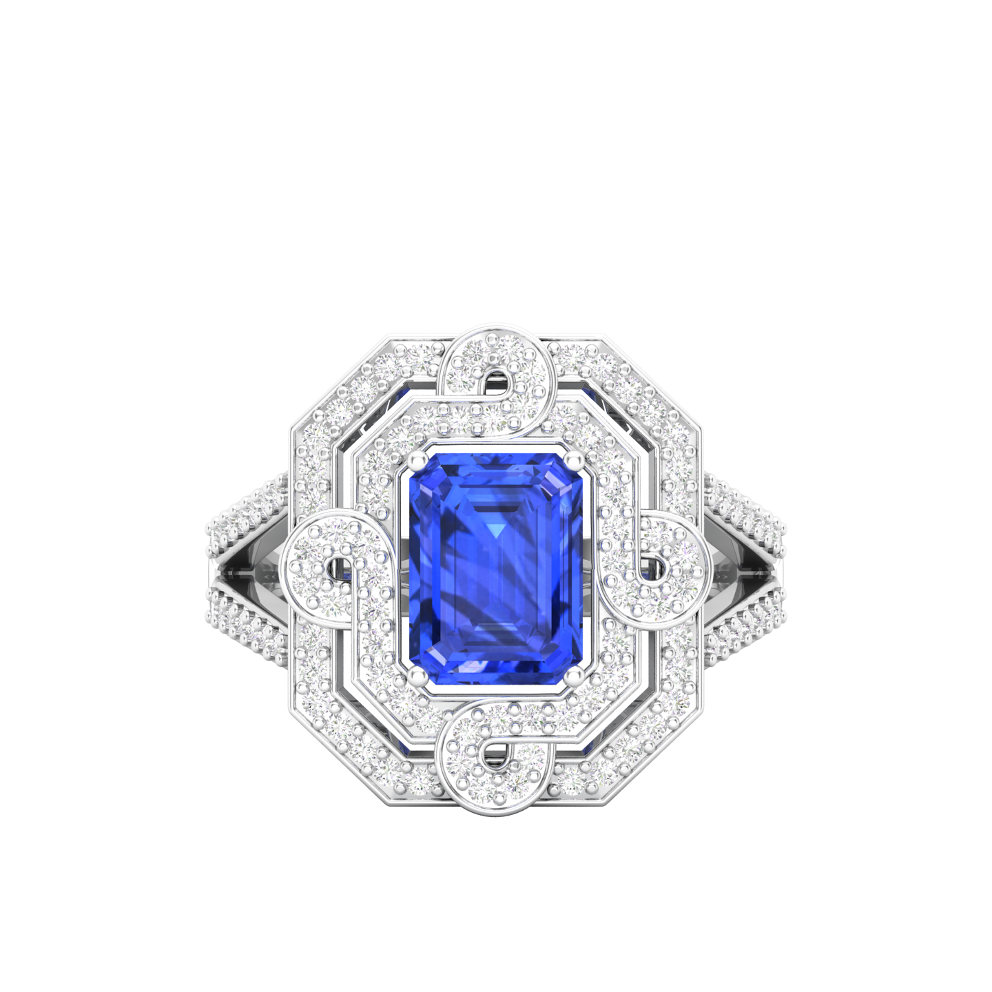 Maurya Octagon Amethyst Split Shank Sewaza Cini Cocktail Ring with Diamond Halo