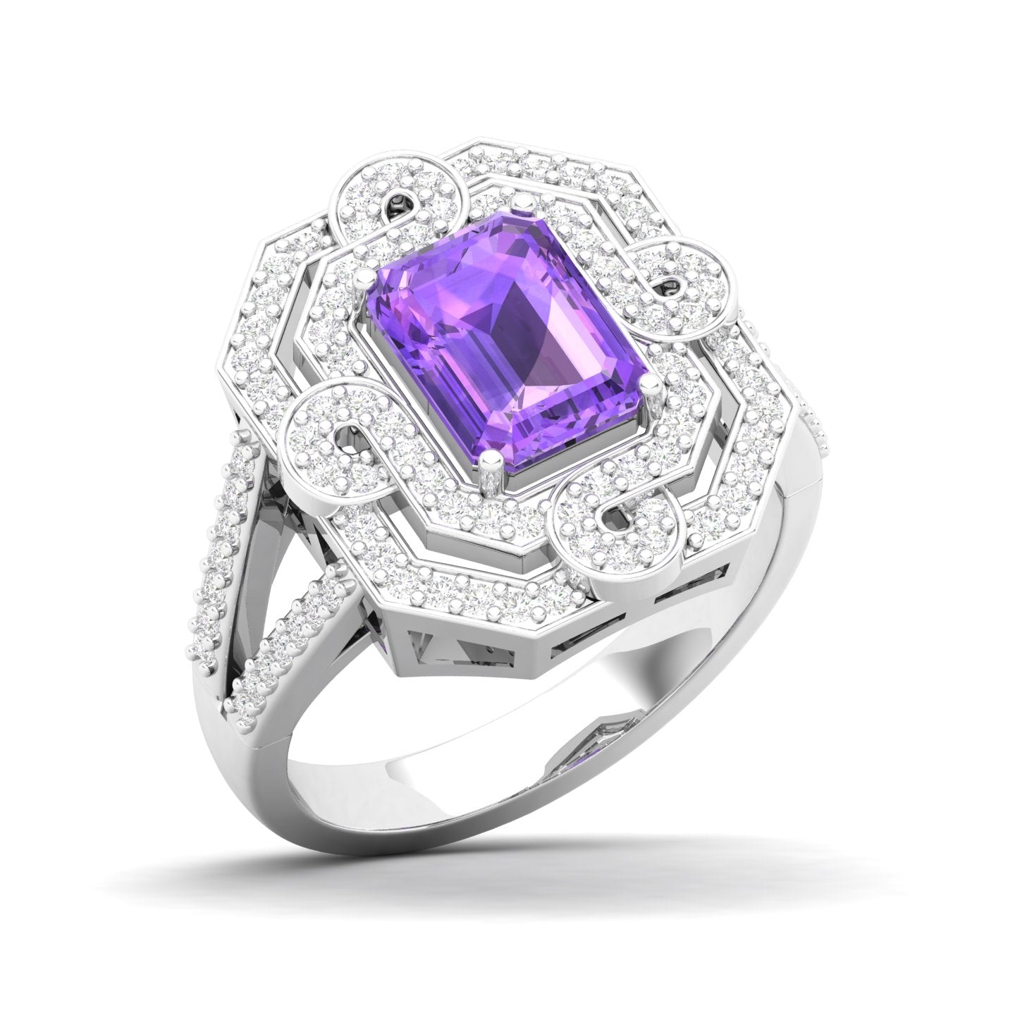 Maurya Octagon Amethyst Split Shank Sewaza Cini Cocktail Ring with Diamond Halo