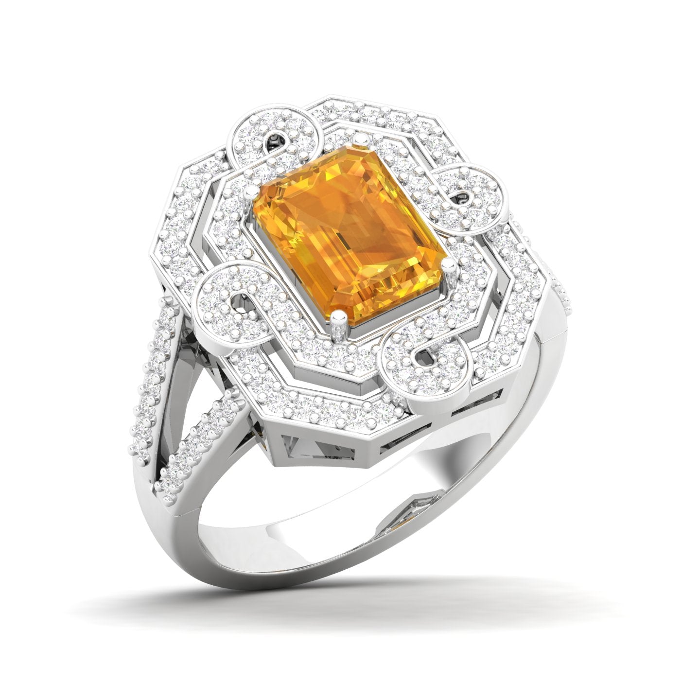 Maurya Octagon Amethyst Split Shank Sewaza Cini Cocktail Ring with Diamond Halo