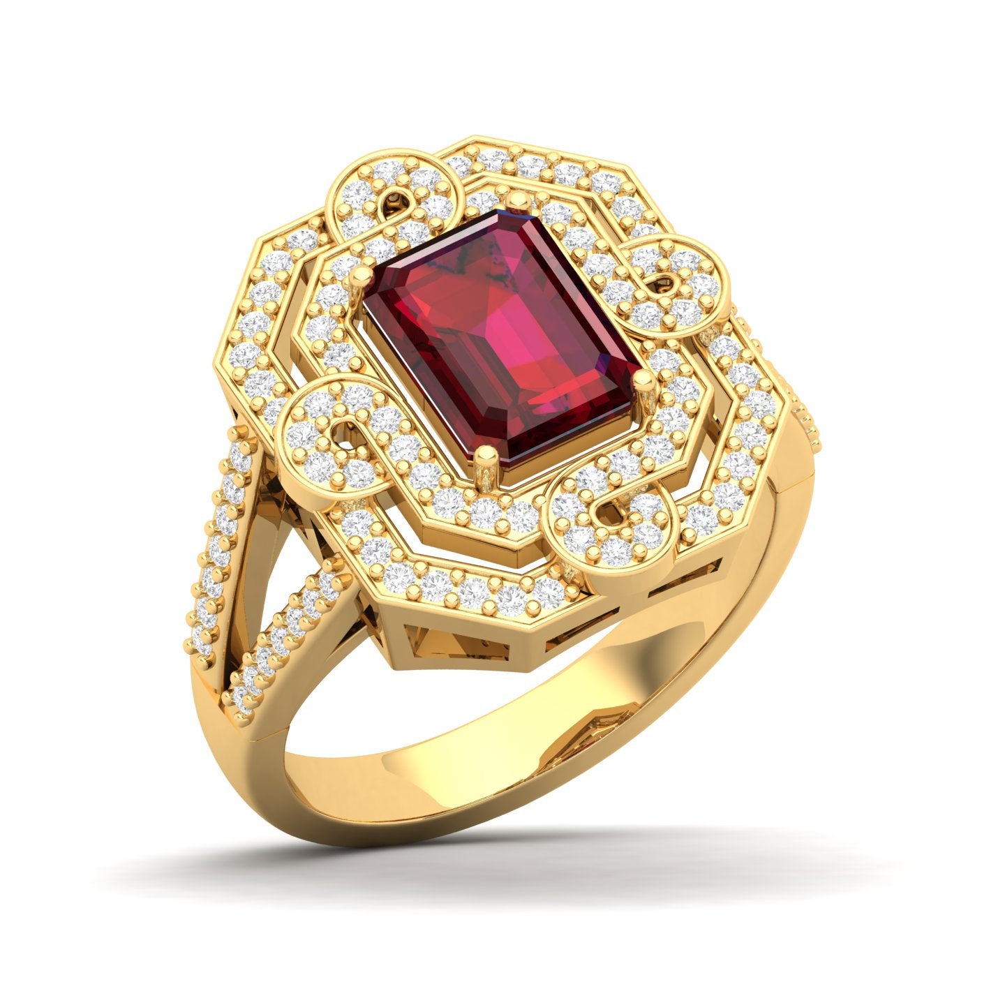 Maurya Octagon Amethyst Split Shank Sewaza Cini Cocktail Ring with Diamond Halo