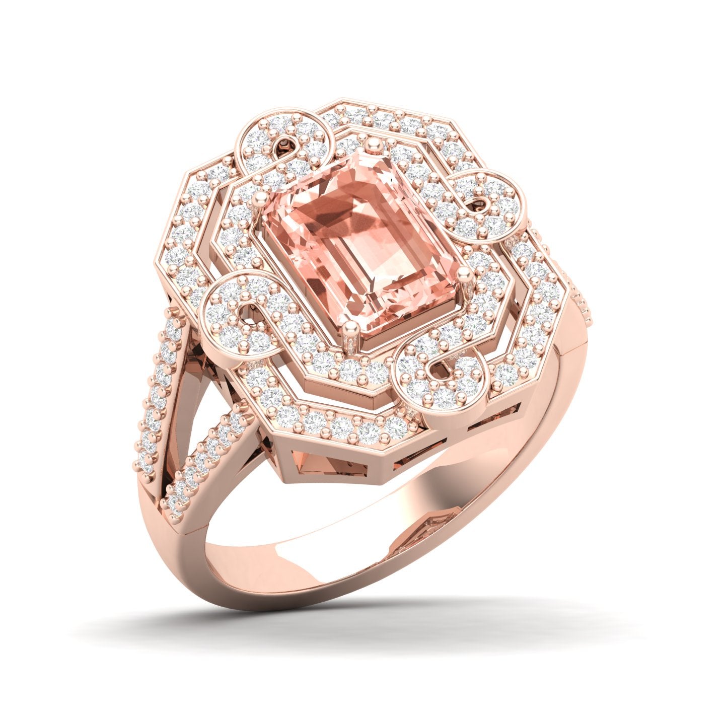 Maurya Octagon Amethyst Split Shank Sewaza Cini Cocktail Ring with Diamond Halo