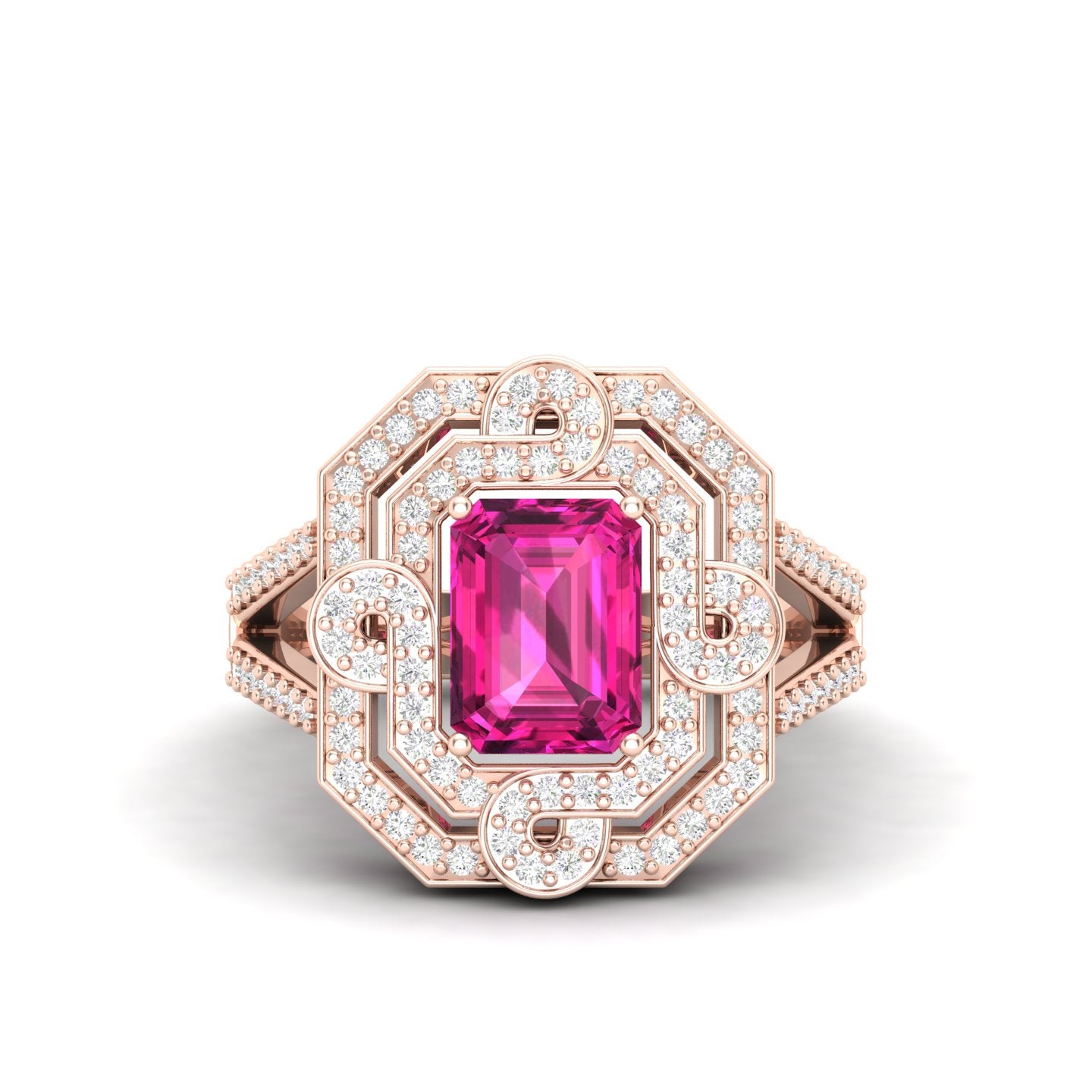 Maurya Octagon Amethyst Split Shank Sewaza Cini Cocktail Ring with Diamond Halo