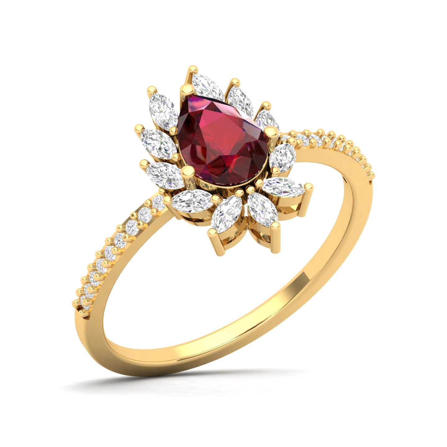 Maurya Solitaire Ruby Padma Engagement Ring with Diamond Halo