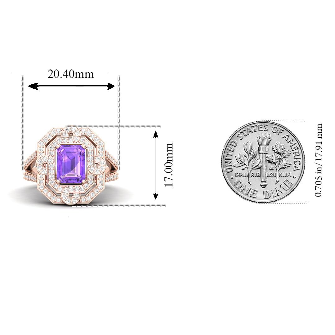 Maurya Octagon Amethyst Split Shank Sewaza Cini Cocktail Ring with Diamond Halo