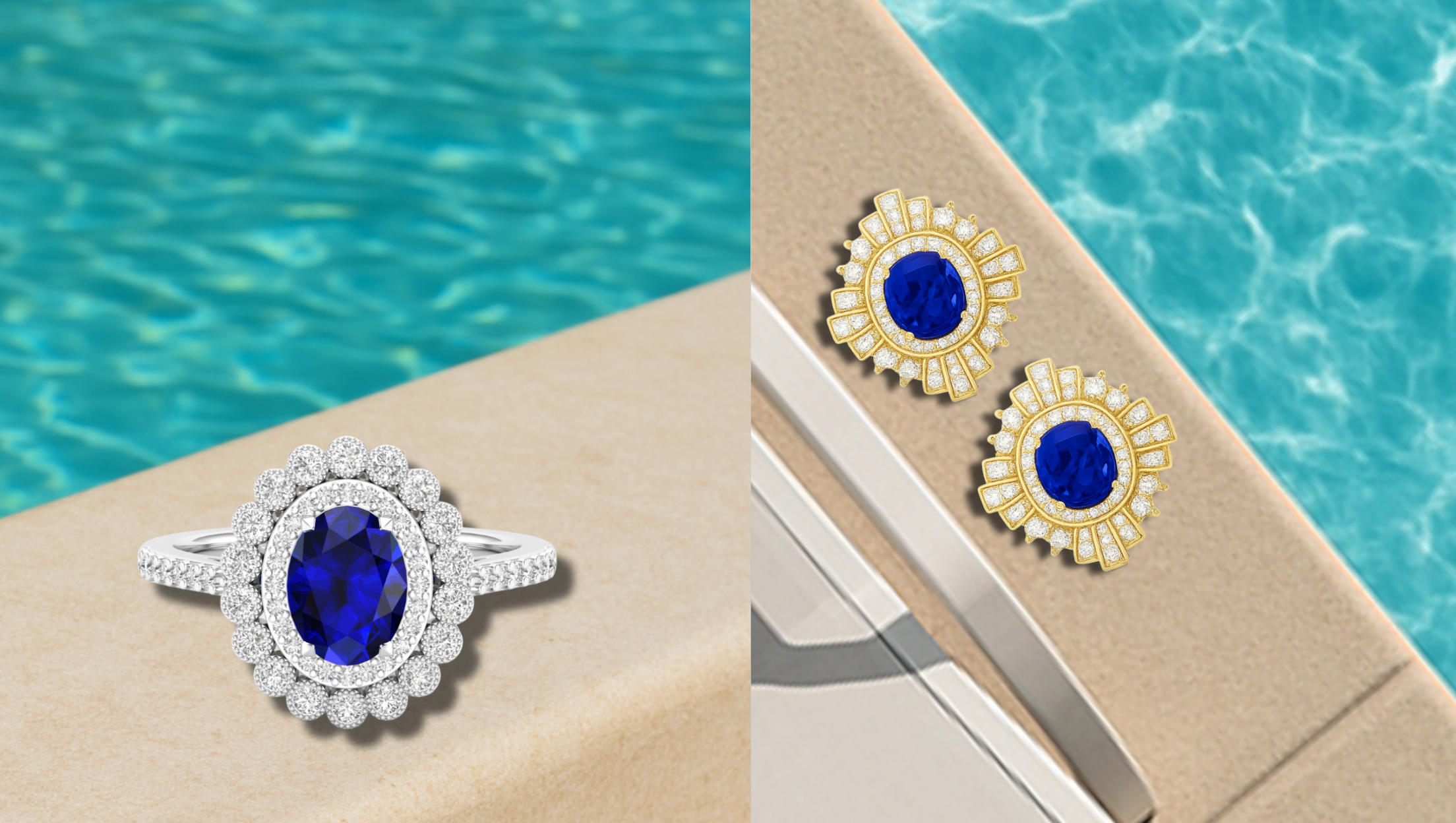 Jewelry set with a ring and earrings featuring blue gemstones on a sandy surface with water in the background.