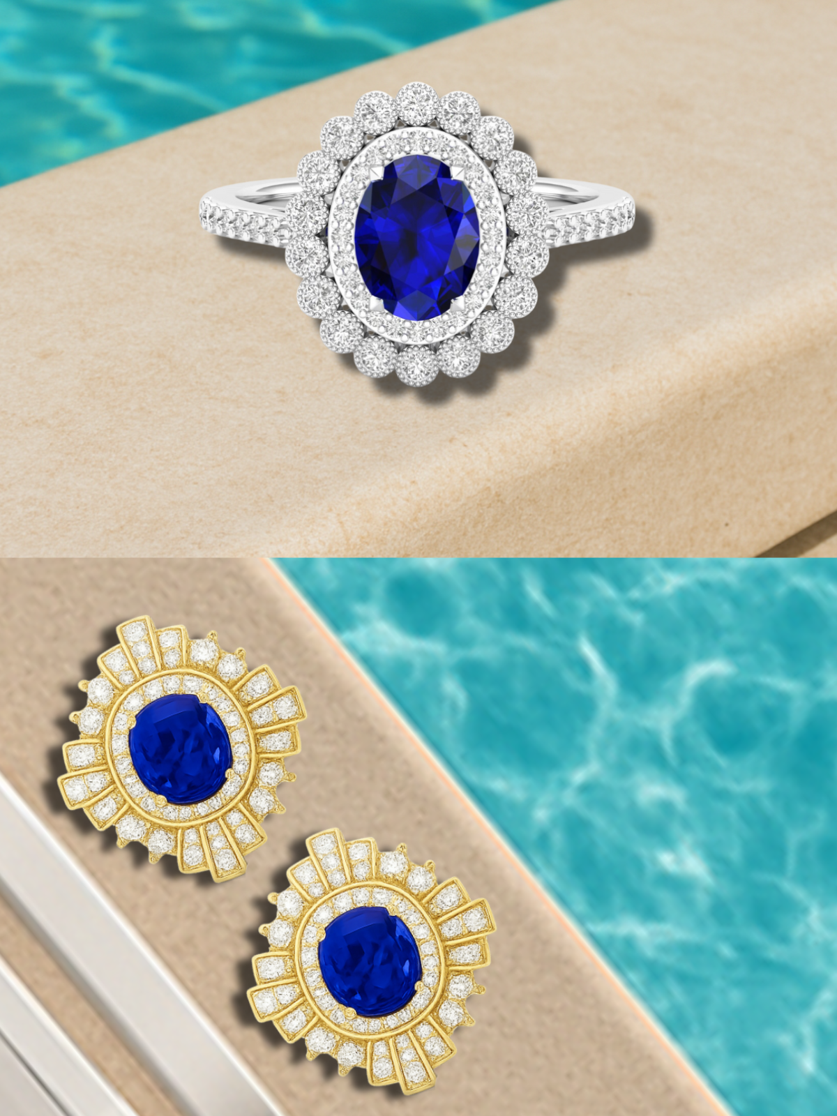 Jewelry set with blue gemstones and diamond accents on a beige surface with pool background