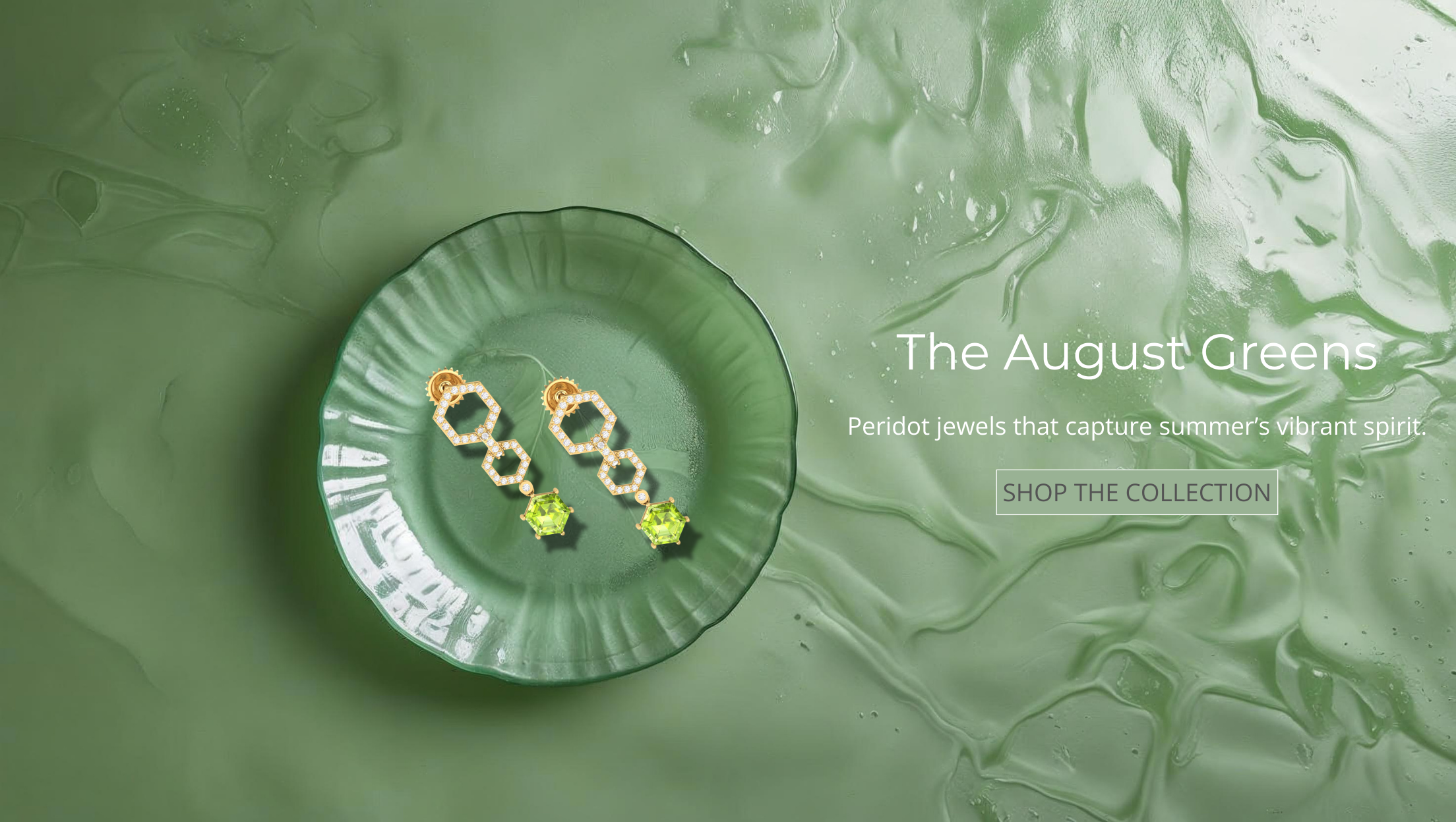 Green glass dish with earrings on a matching green background, featuring jewelry collection text.