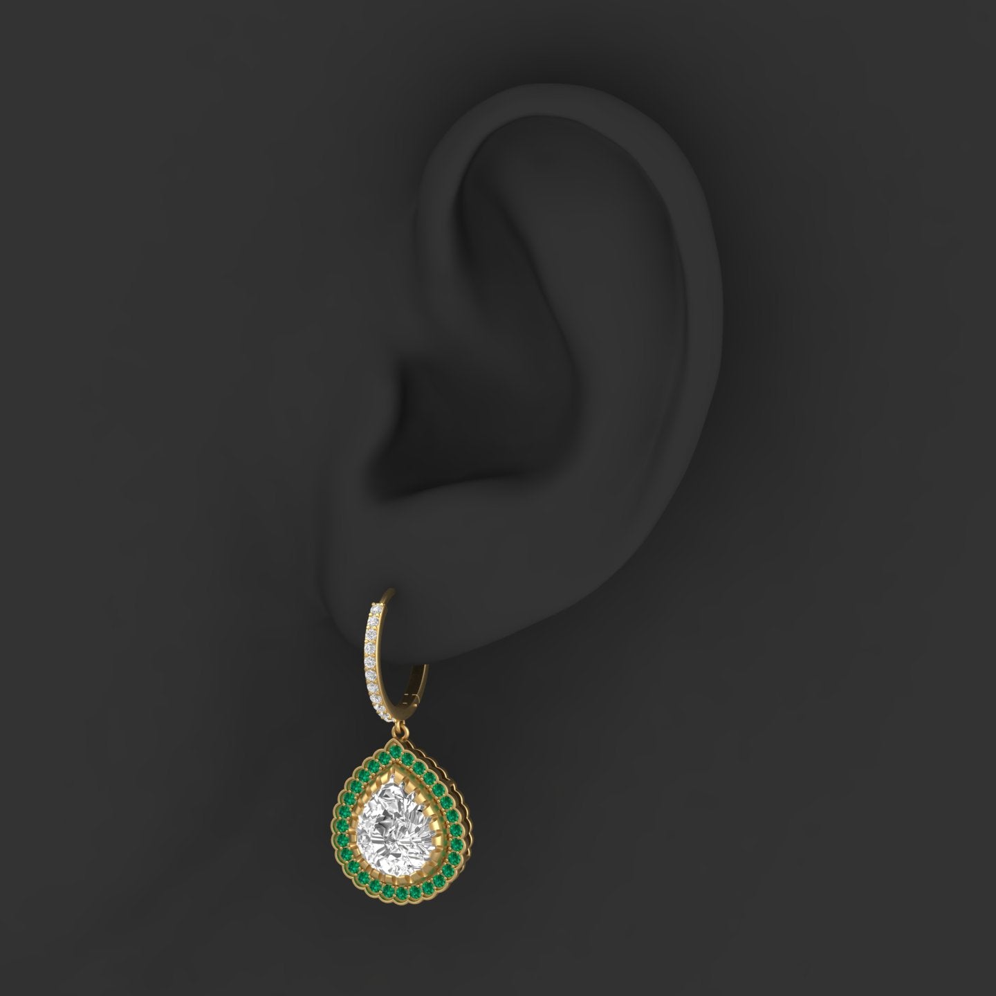 Maurya Sun Drop White Topaz Latch Back Earrings with Emerald Halo