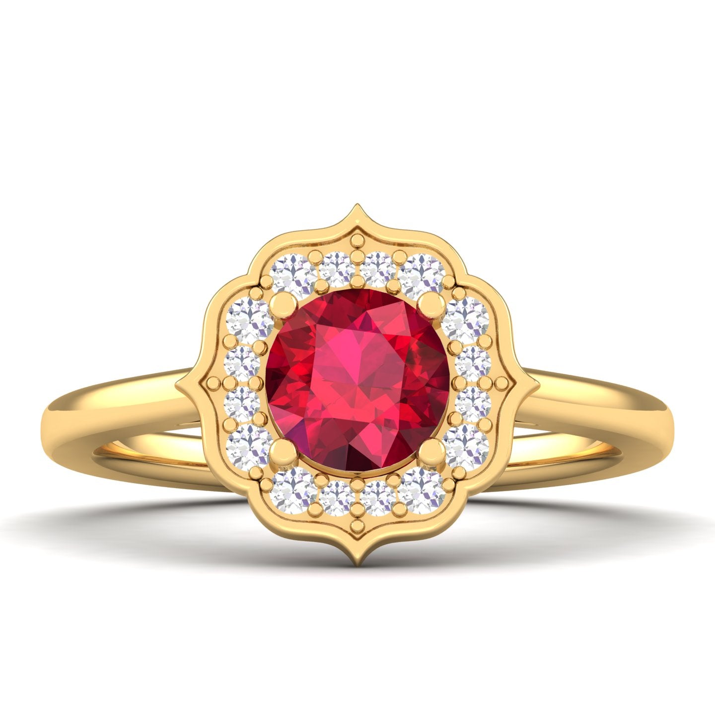 Maurya Round Ruby Hot Flower Engagement Ring with Diamond Halo