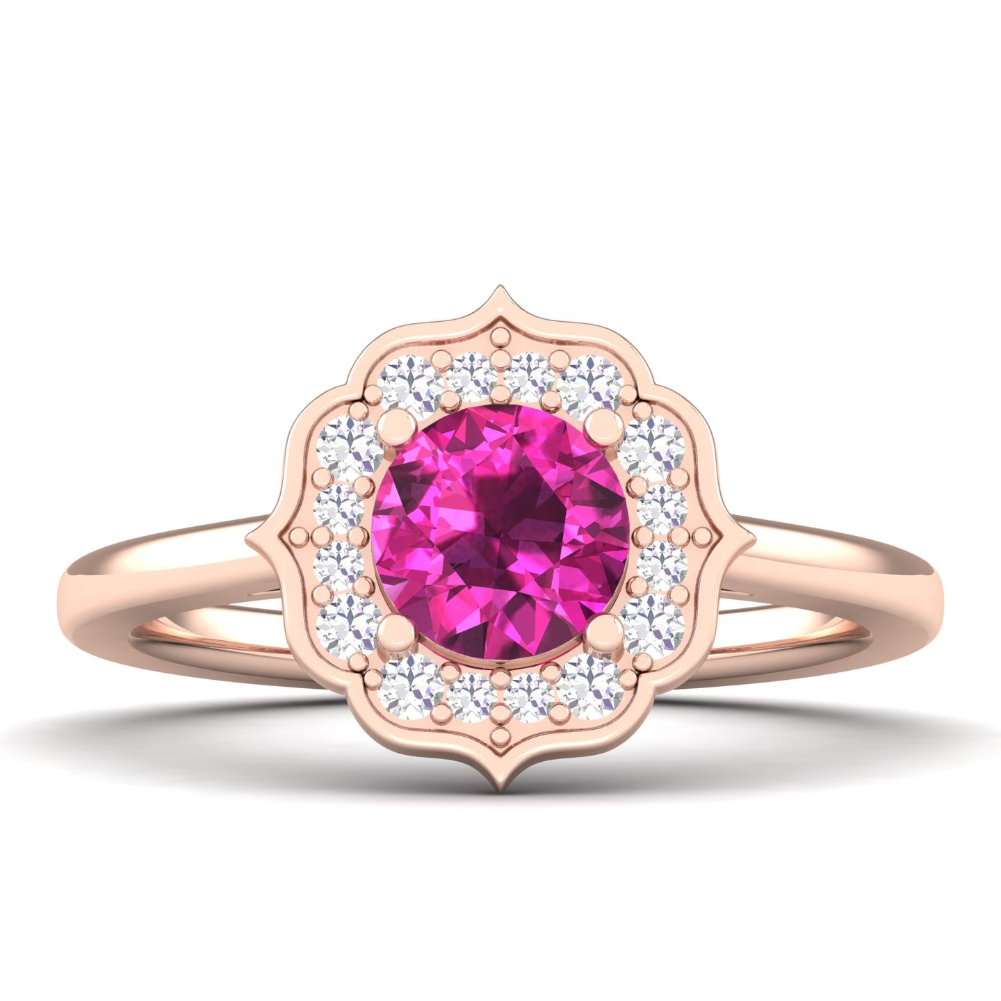 Maurya Round Ruby Hot Flower Engagement Ring with Diamond Halo