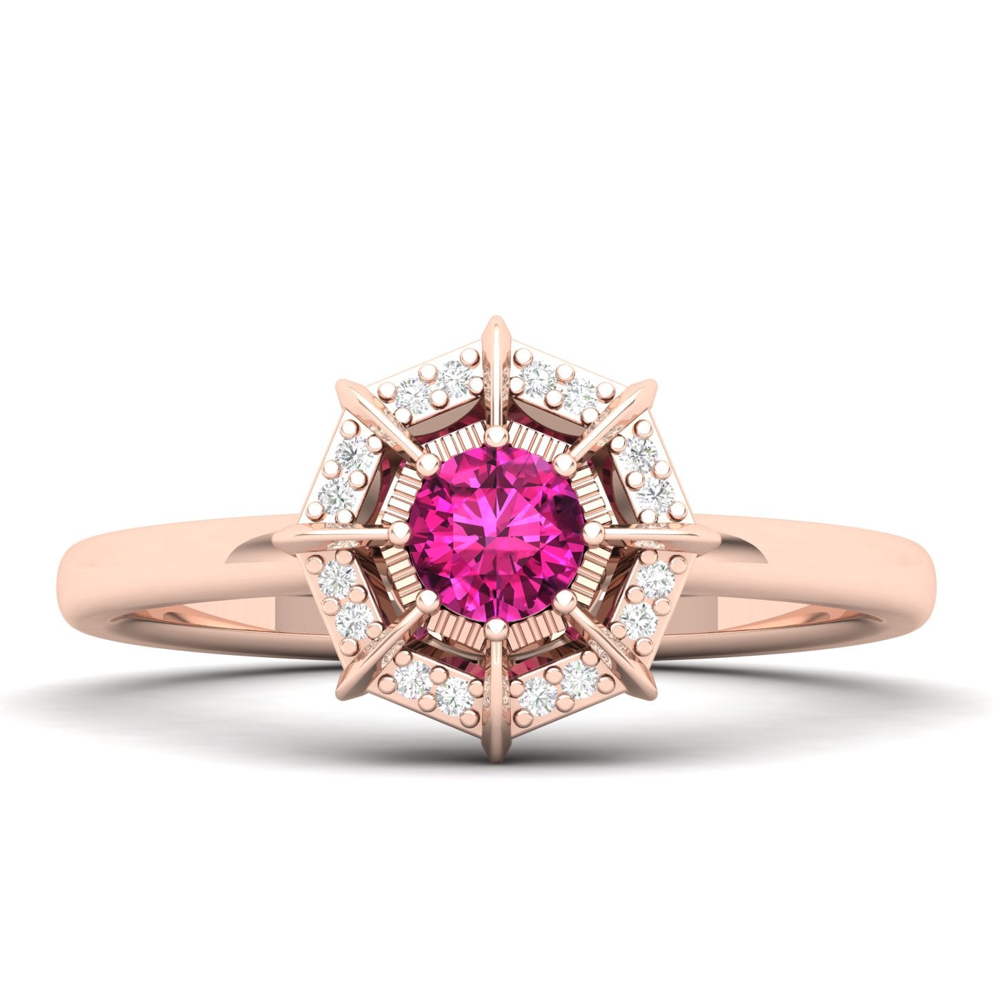 Maurya Solitaire Ruby Light in the Dark Promise Ring with Diamond Halo