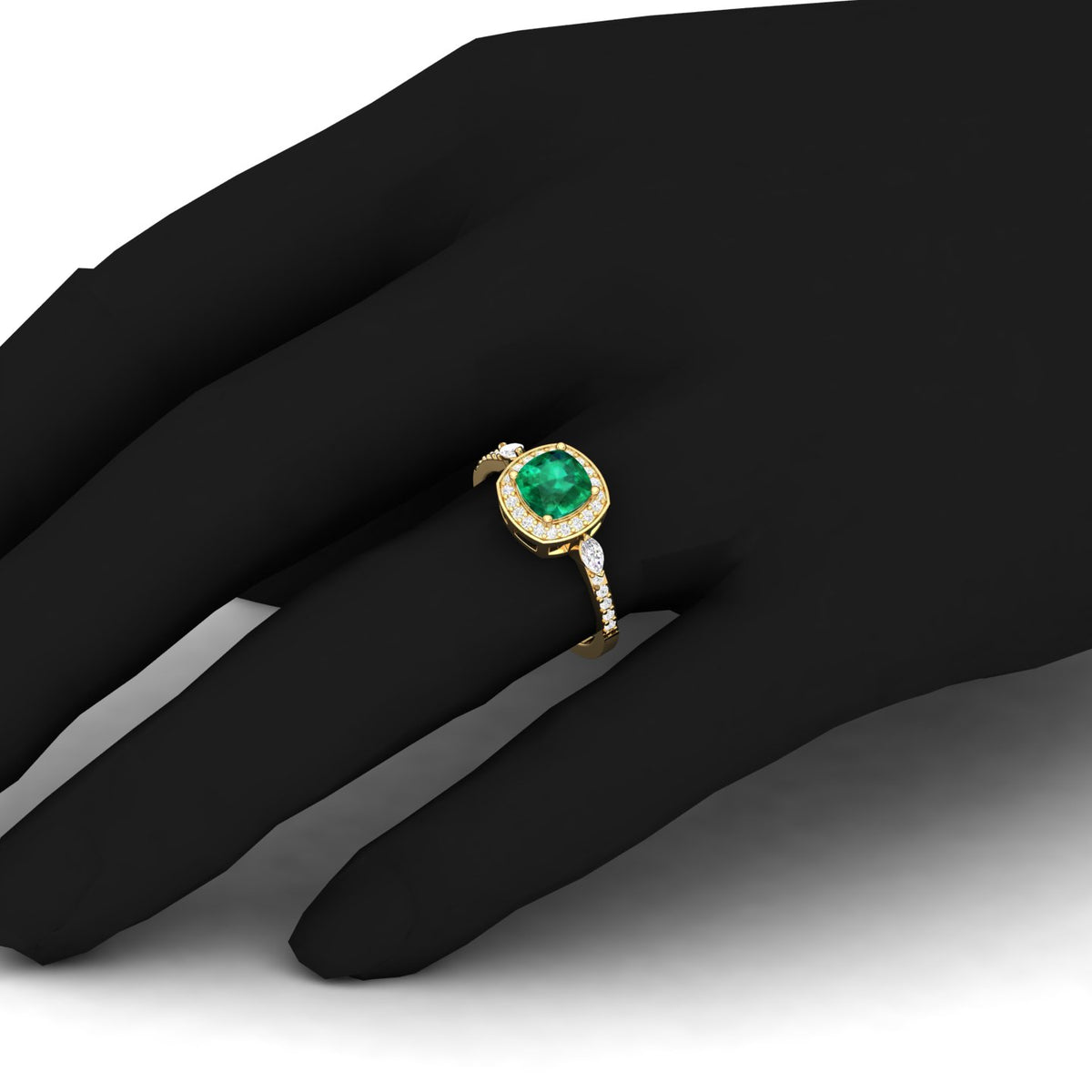 Maurya Victoria Solitaire Cushion Emerald Engagement Ring with Diamond Halo